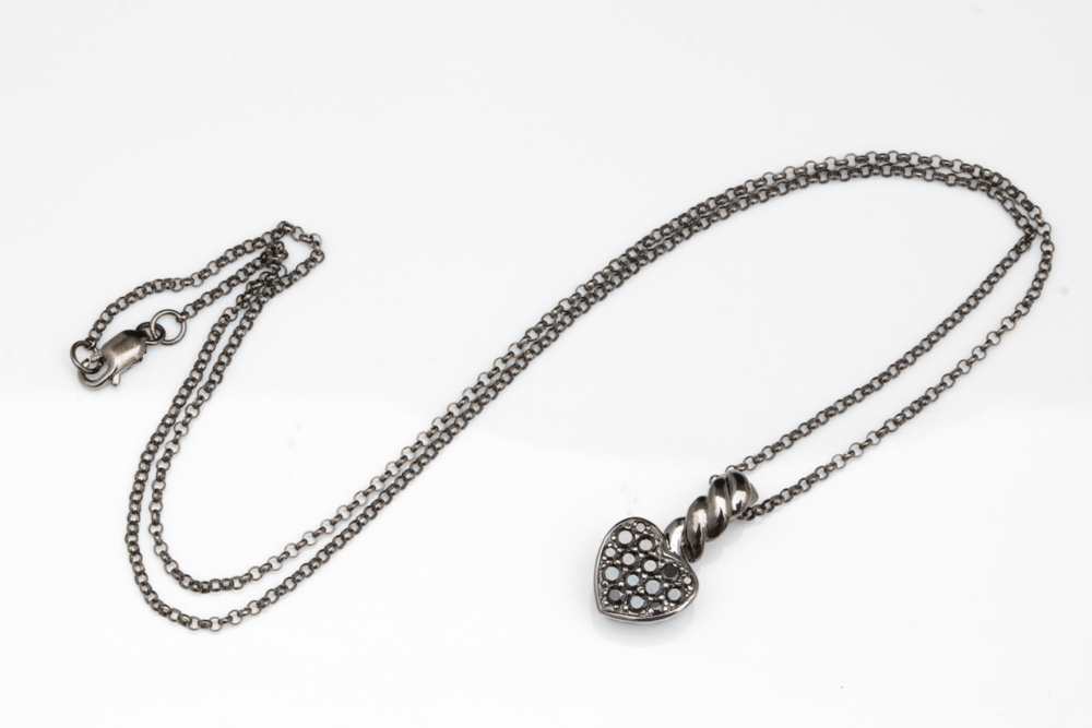 Sterling Silver and Black Swarovski Crystal Heart Pendant with Chain