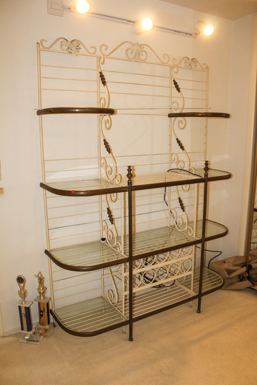 Brass and Glass Shelving Unit with Bottle Rack