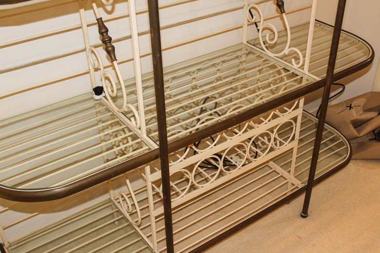 Brass and Glass Shelving Unit with Bottle Rack