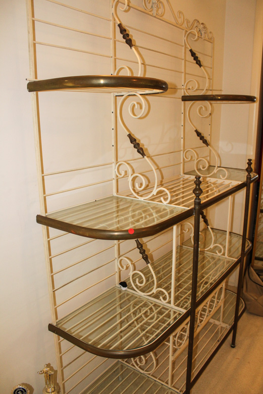 Brass and Glass Shelving Unit with Bottle Rack