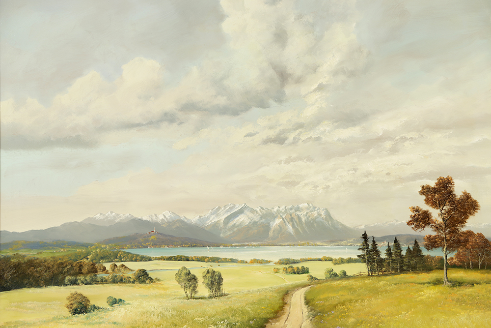 P. Ewert Oil Painting on Canvas of a Mountainous Landscape