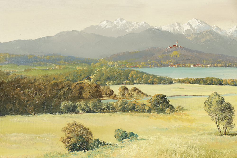 P. Ewert Oil Painting on Canvas of a Mountainous Landscape