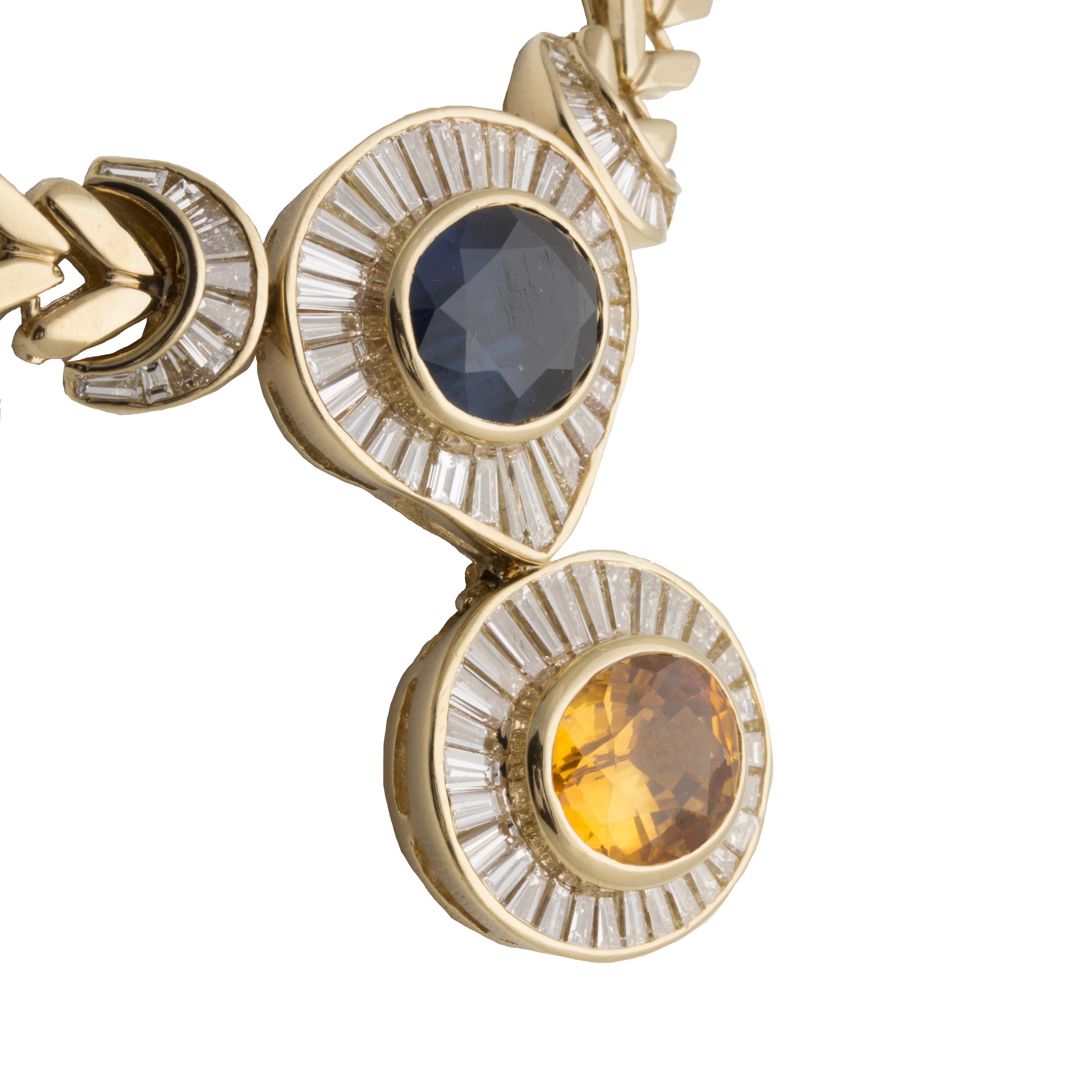 18K and 14K Yellow Gold 6.03 CTW Diamond, 7.26 CT Blue Sapphire, and 7.90 CT Fancy Yellow Sapphire Necklace