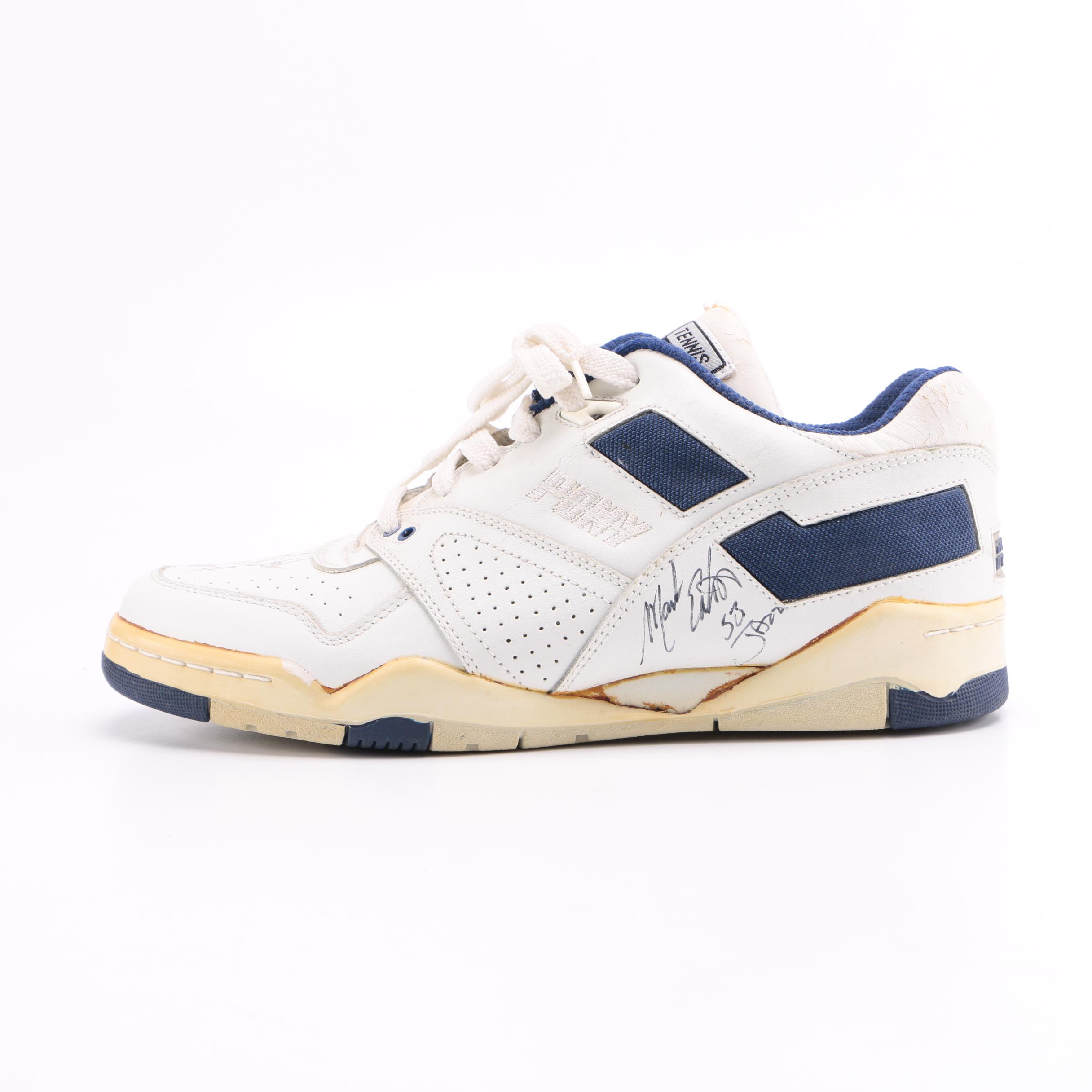 Mark Eaton and Byron Scott Signed Sneaker With Lakers Ticket Stubs