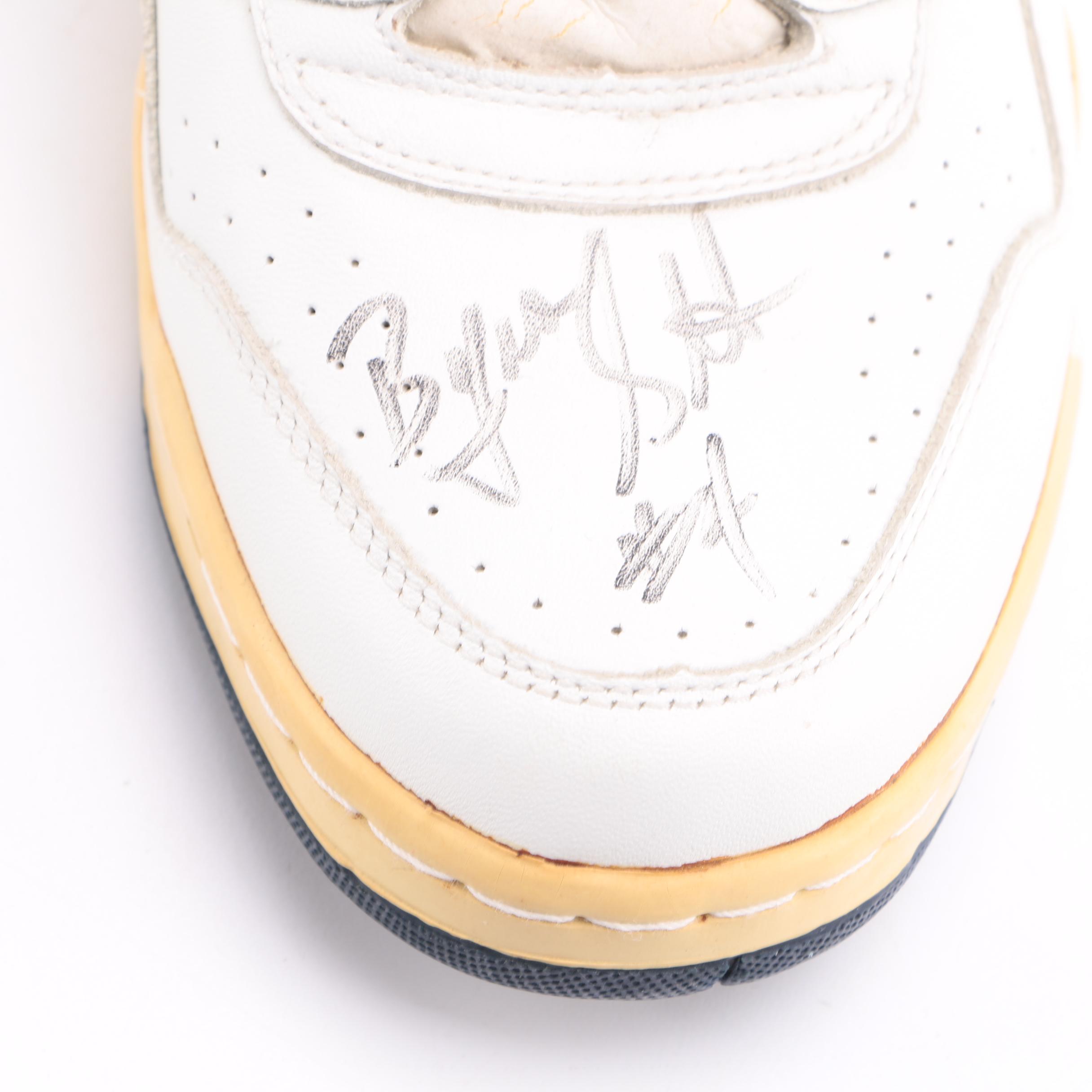 Mark Eaton and Byron Scott Signed Sneaker With Lakers Ticket Stubs