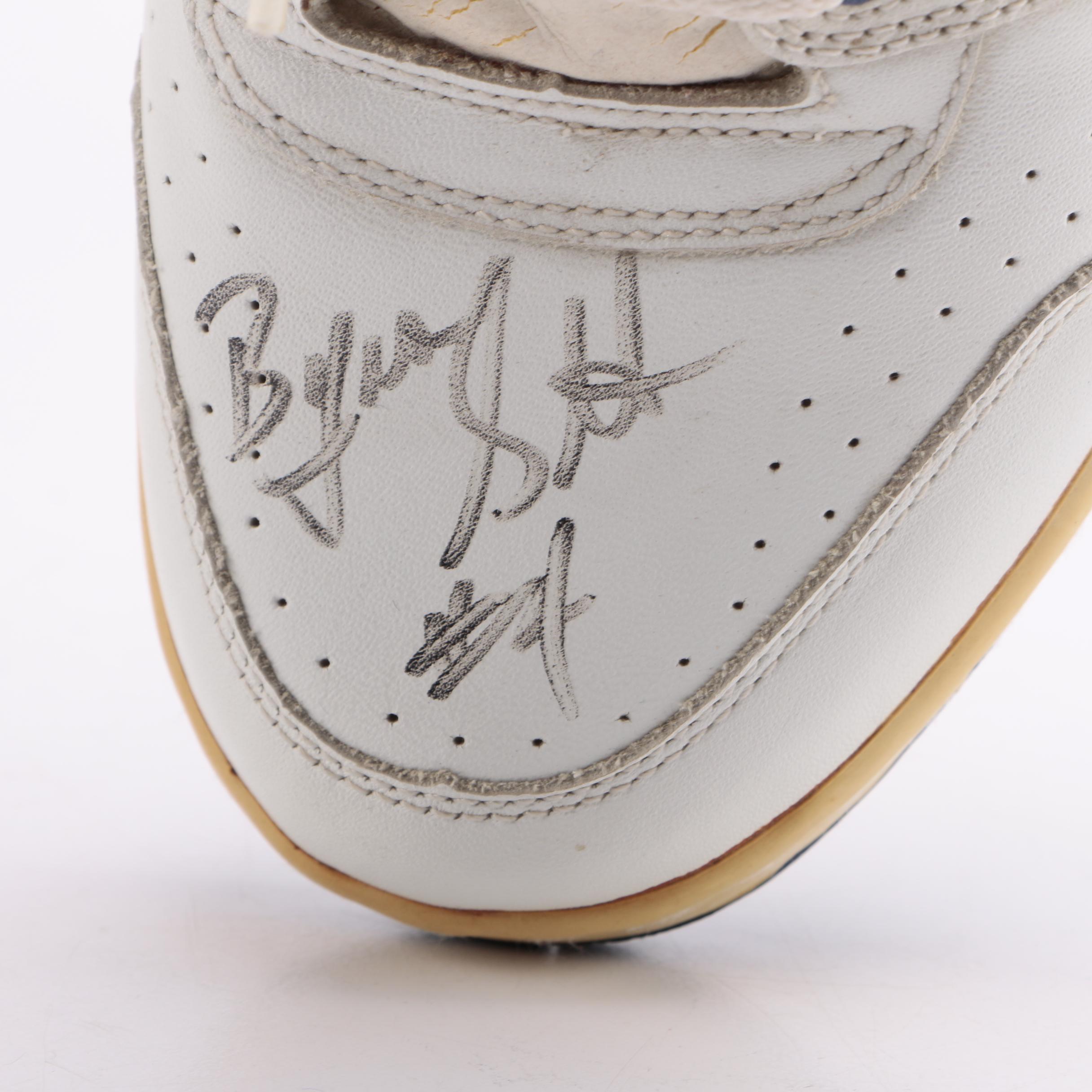 Mark Eaton and Byron Scott Signed Sneaker With Lakers Ticket Stubs