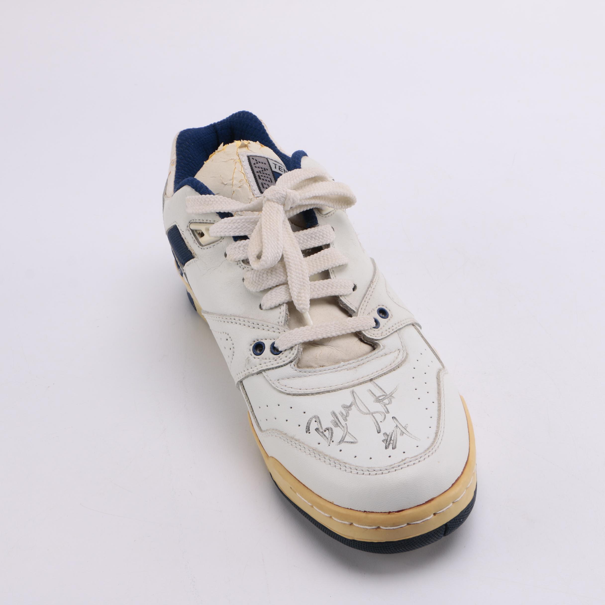 Mark Eaton and Byron Scott Signed Sneaker With Lakers Ticket Stubs