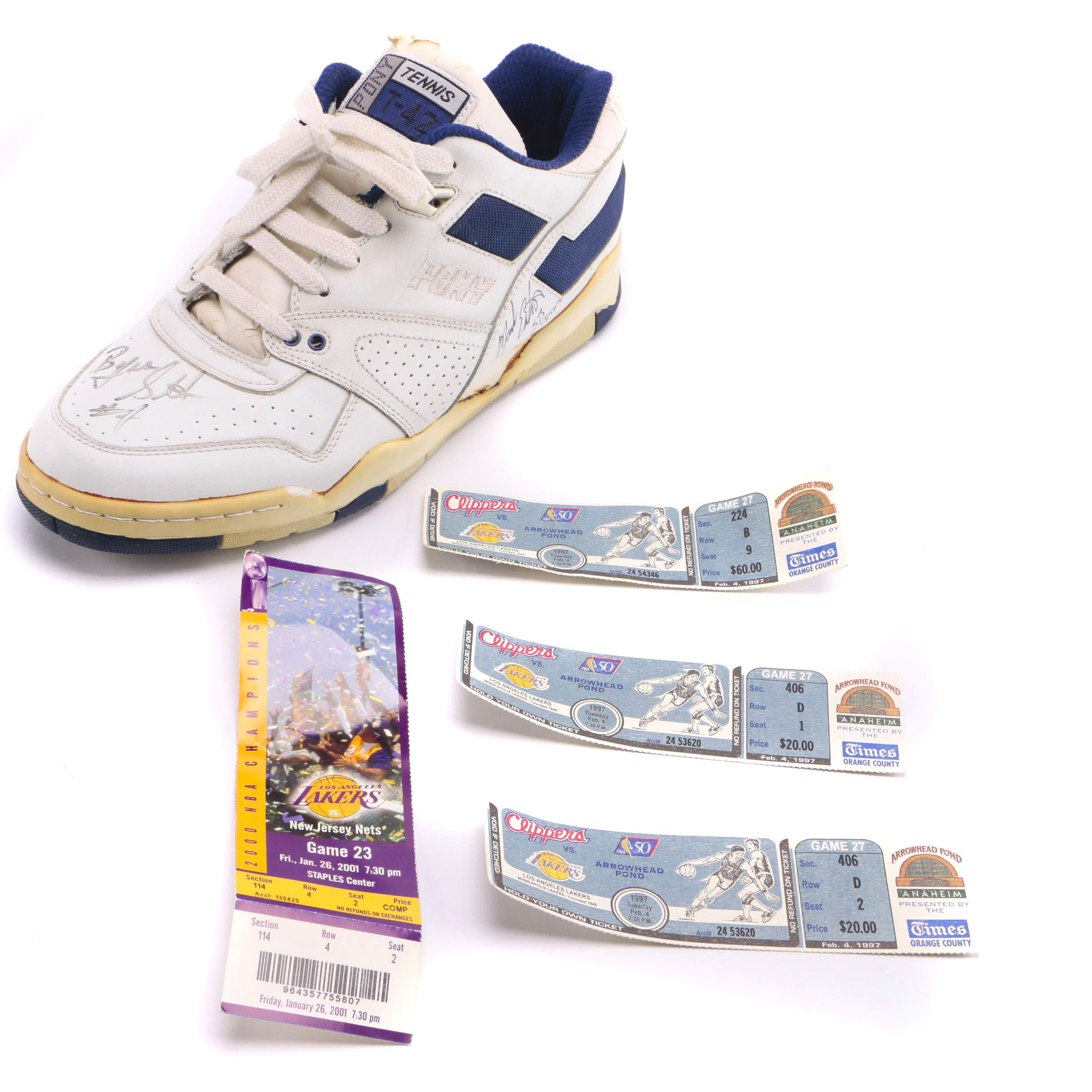 Mark Eaton and Byron Scott Signed Sneaker With Lakers Ticket Stubs