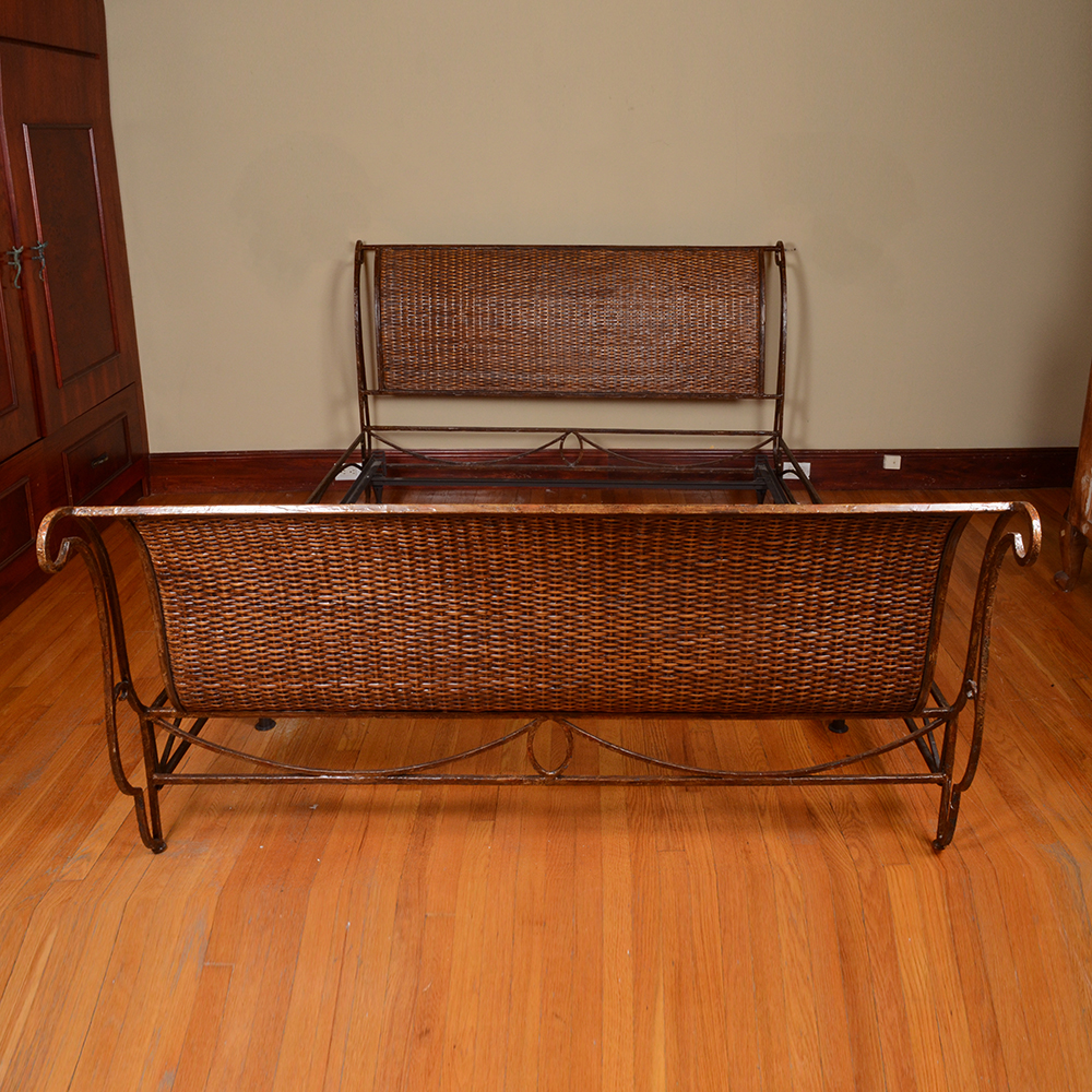 Wrought Iron and Rattan Sleigh Bed