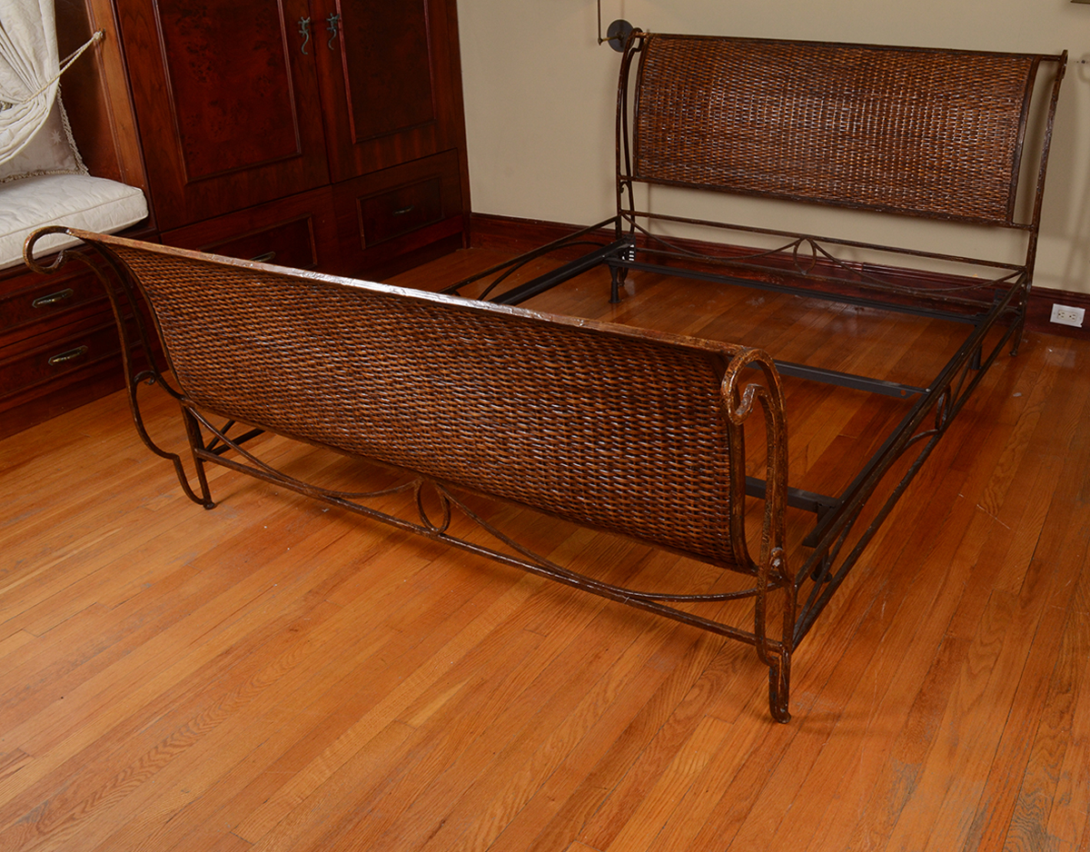 Wrought Iron and Rattan Sleigh Bed