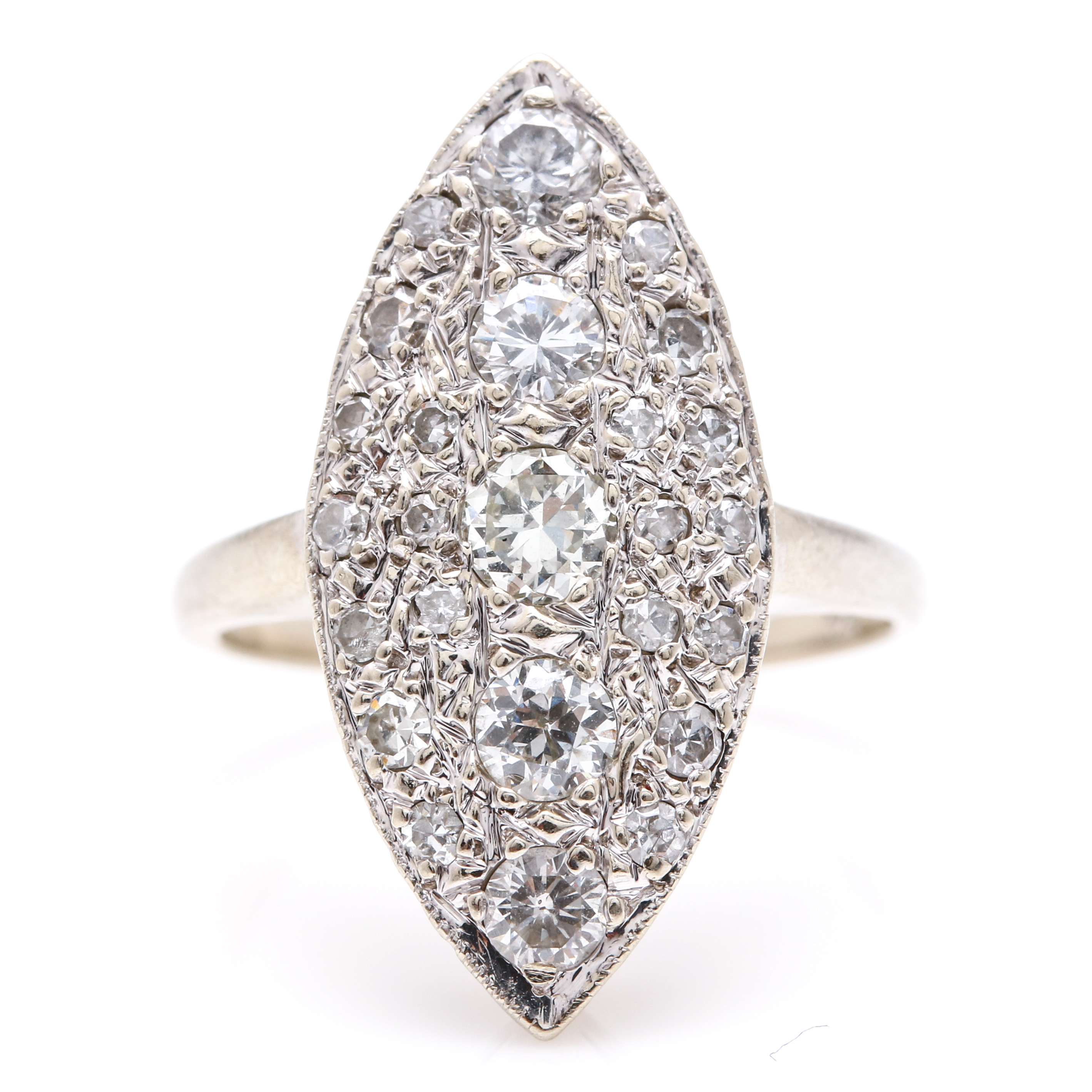 Vintage 14K White Gold Diamond Navette Ring