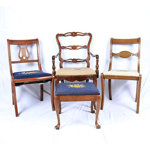 A Collection Of Needlepoint Chairs And Stool