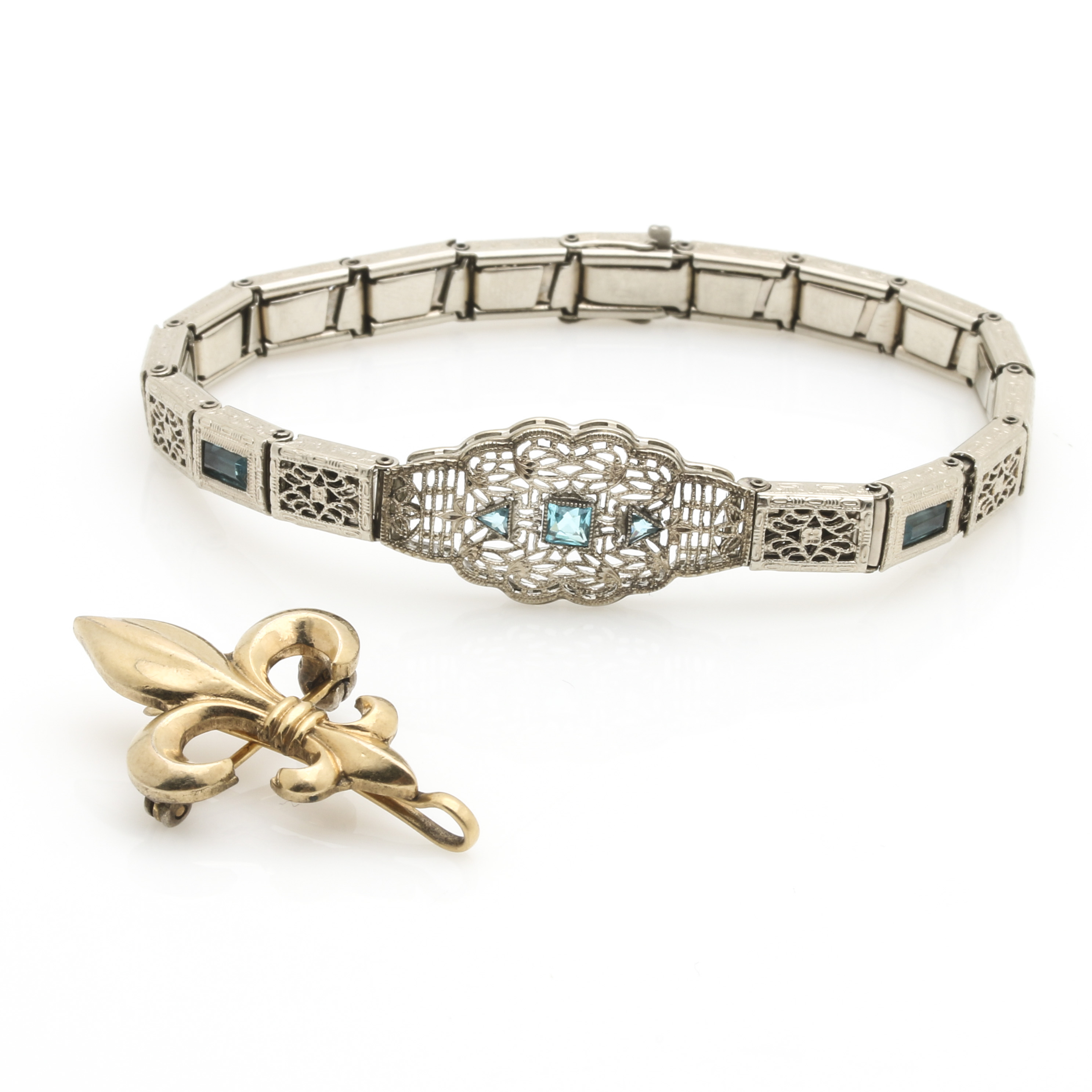 Vintage Silver-Tone Art Deco Bracelet and Gold Filled Fleur-de-lis Brooch Clip