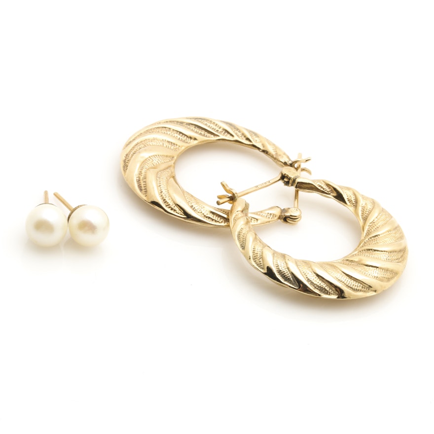 14K Yellow Gold Hoops and Pearl Earrings