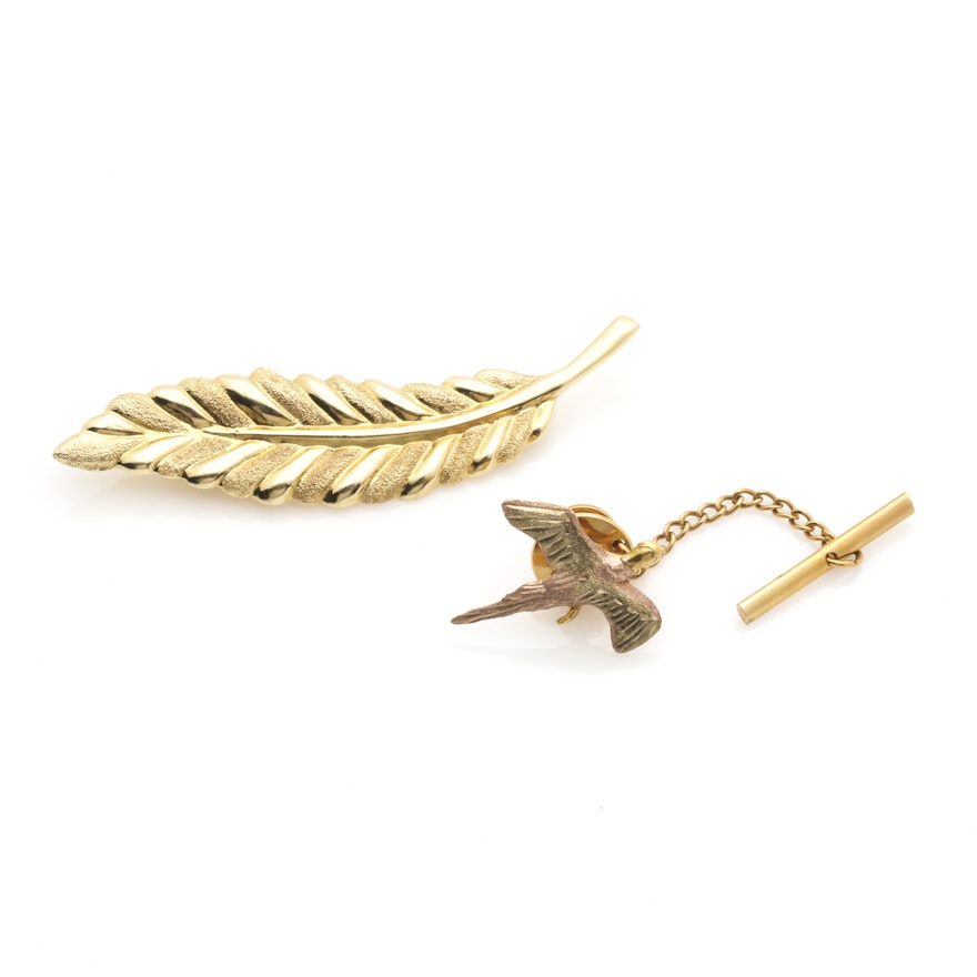 14K Yellow Gold Feather Pin and 12K Two-Tone Gold Game Bird Tie Tac