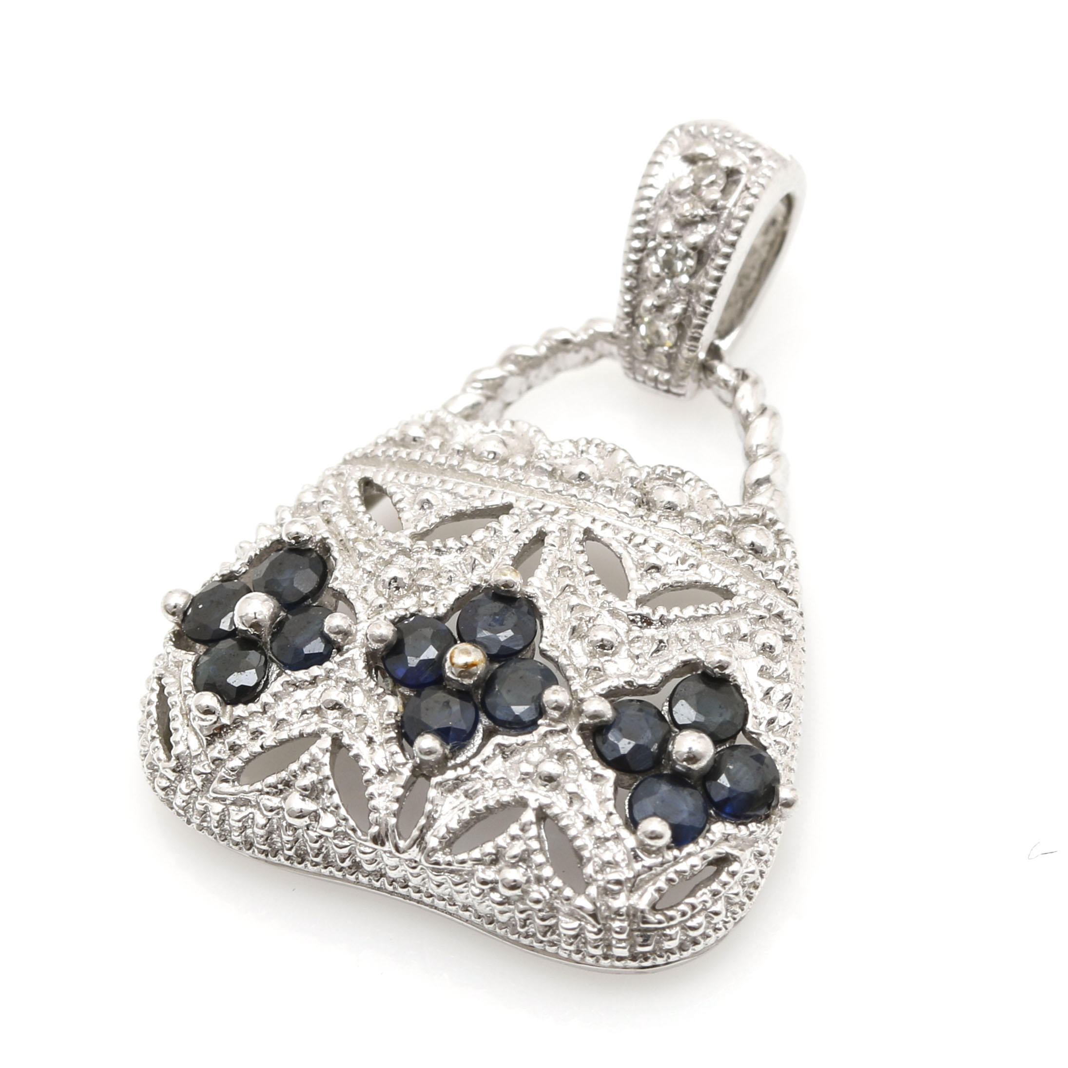 10K White Gold Blue Sapphire and Diamond Purse Pendant