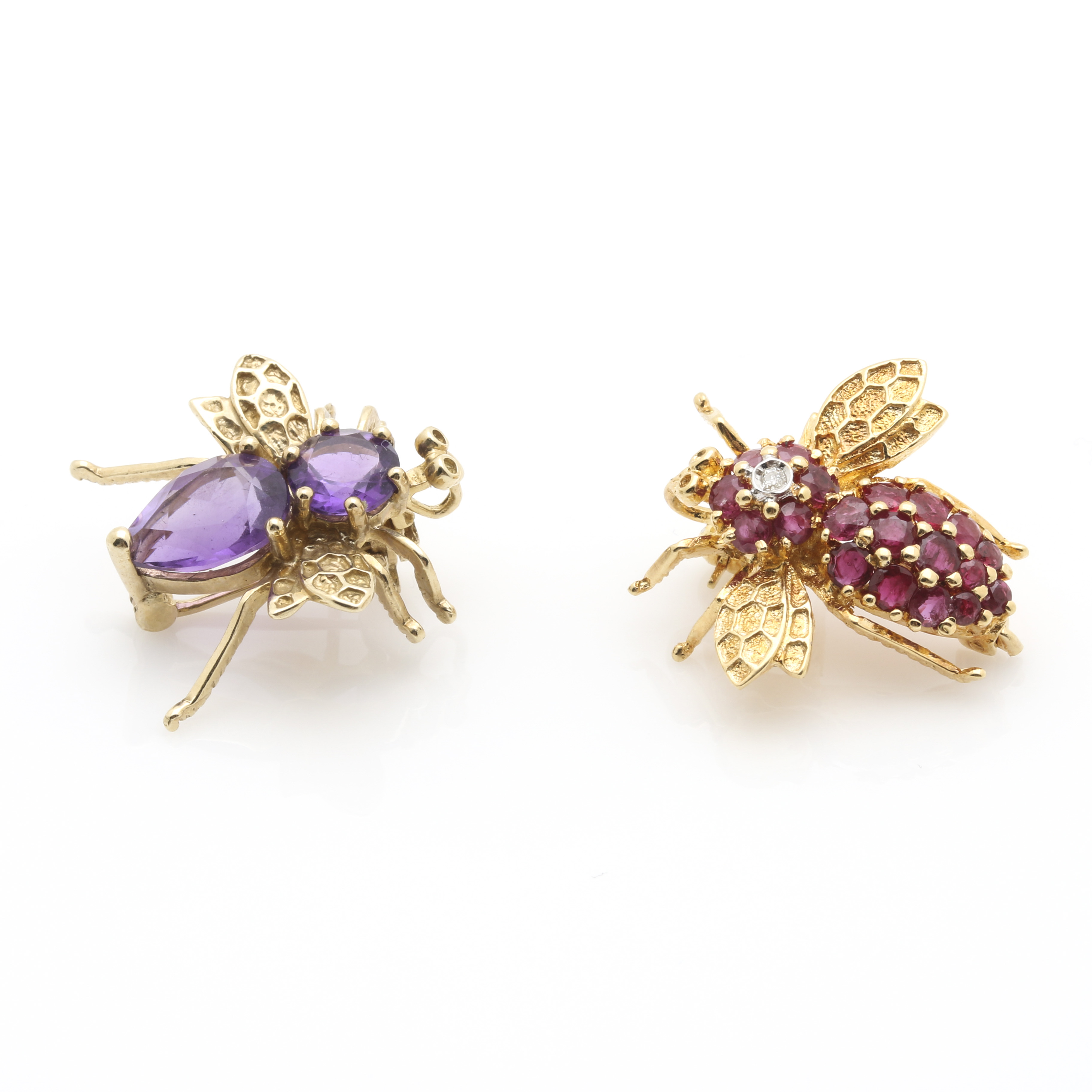 14K 1.11 CTW Ruby and Diamond and 10K Amethyst Bee Brooches