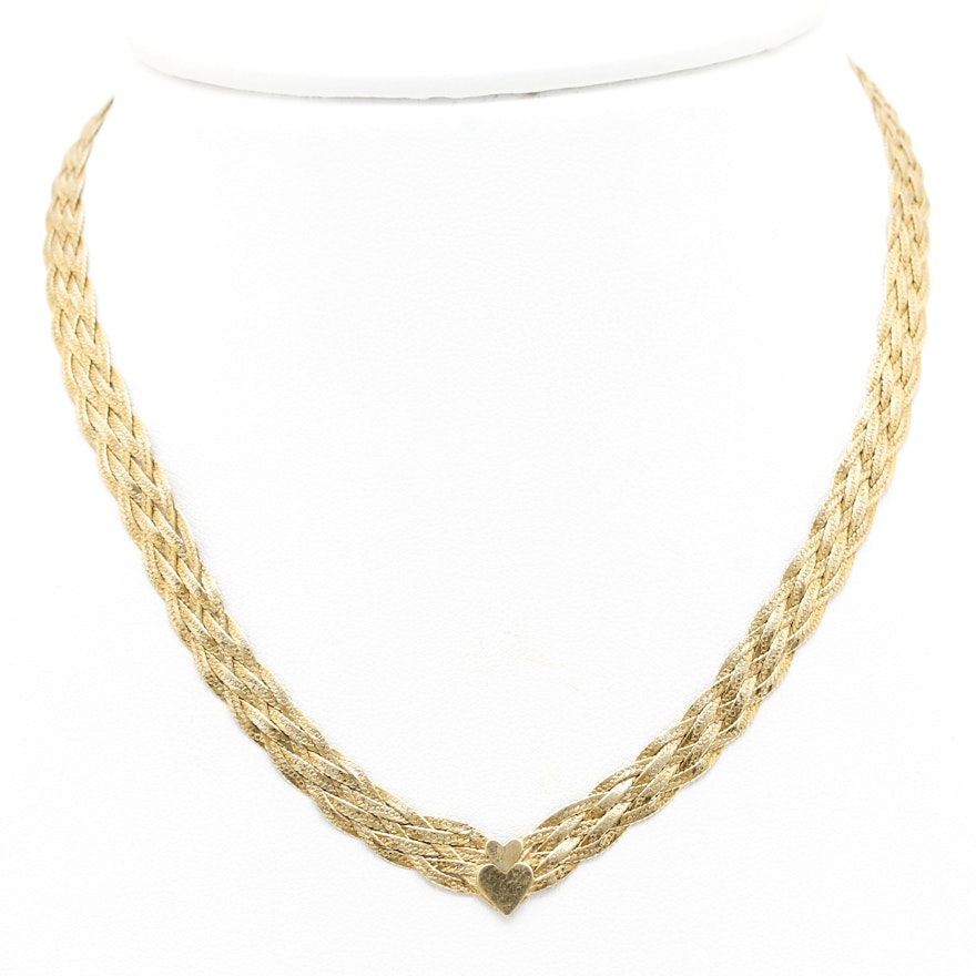 Italian 14K Yellow Gold Braided Chain Necklace with Heart Detail