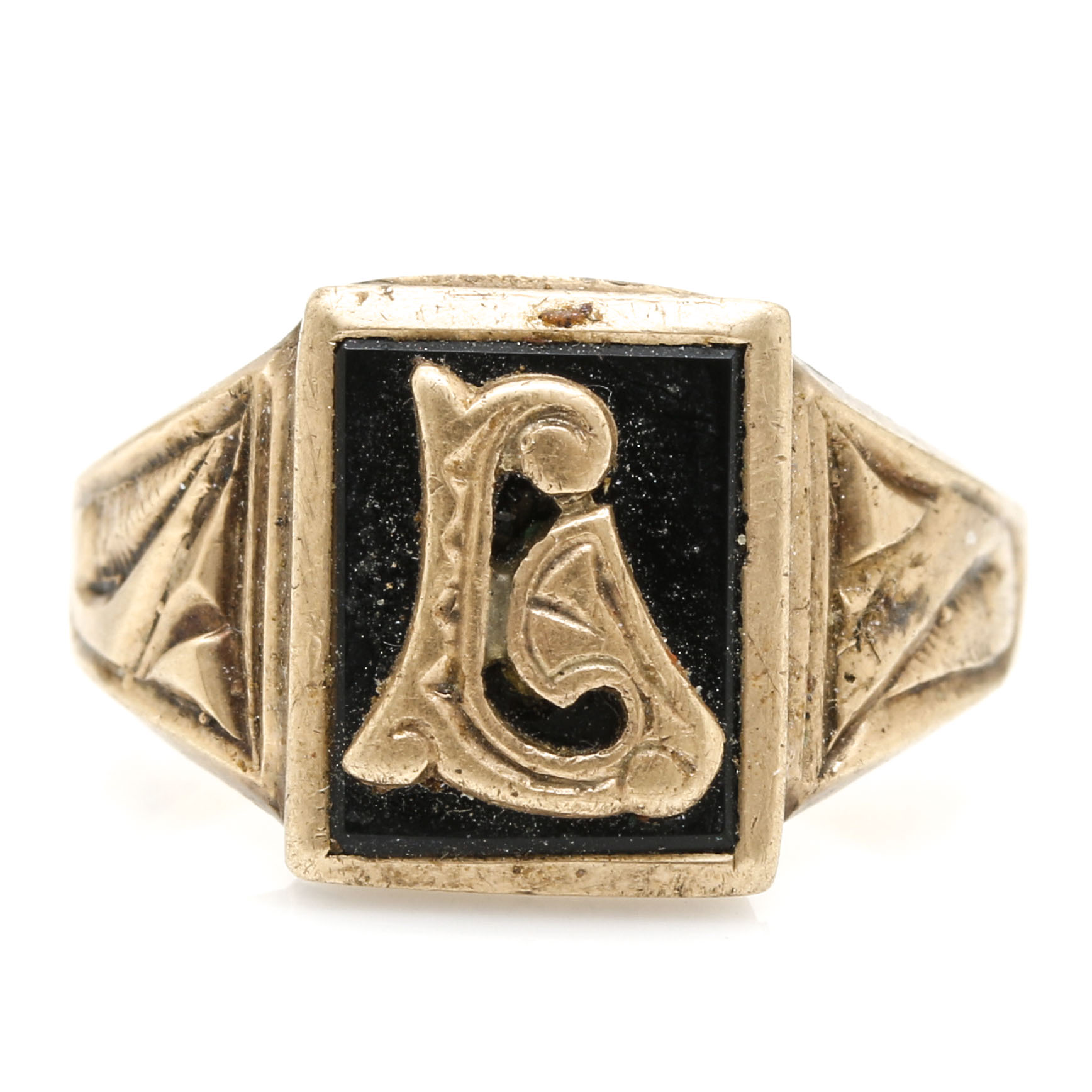 Vintage 10K Yellow Gold Black Onyx "G" Signet Ring