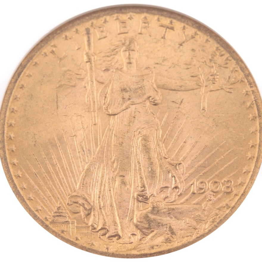 Encapsulated and Graded MS63 (by NGC) 1908 No Motto Type 2 Saint Gaudens Gold Double Eagle