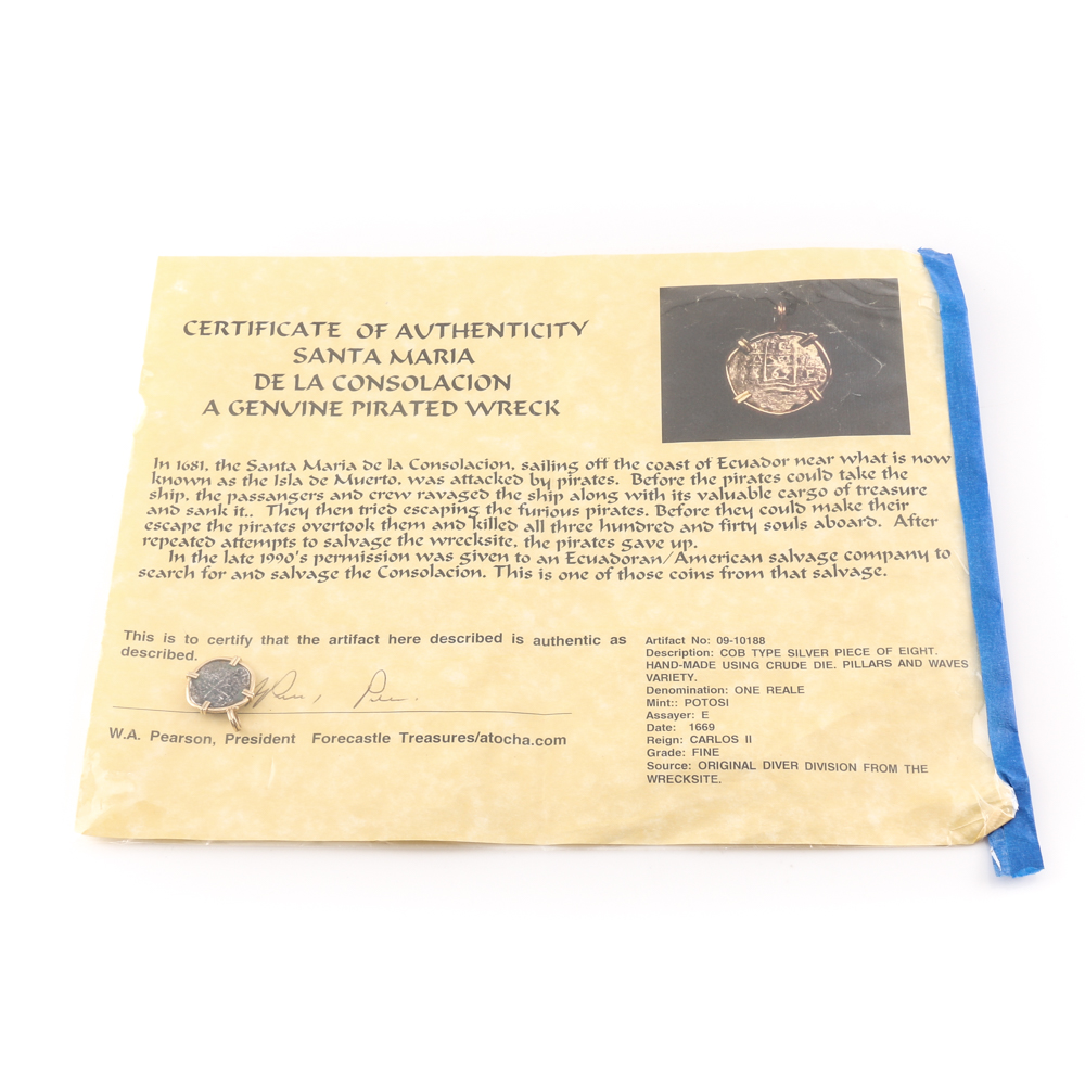 1669 One Reale Silver Cob Coin from the Santa Maria De La Consolacion Shipwreck