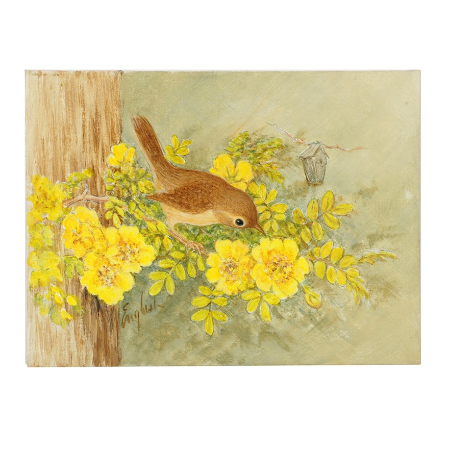 Ruth English Oil Painting on Canvas Board "Wren-Wild Roses"