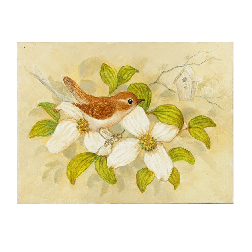 Ruth English Oil Painting on Canvas Board "Wren-Dogwood"
