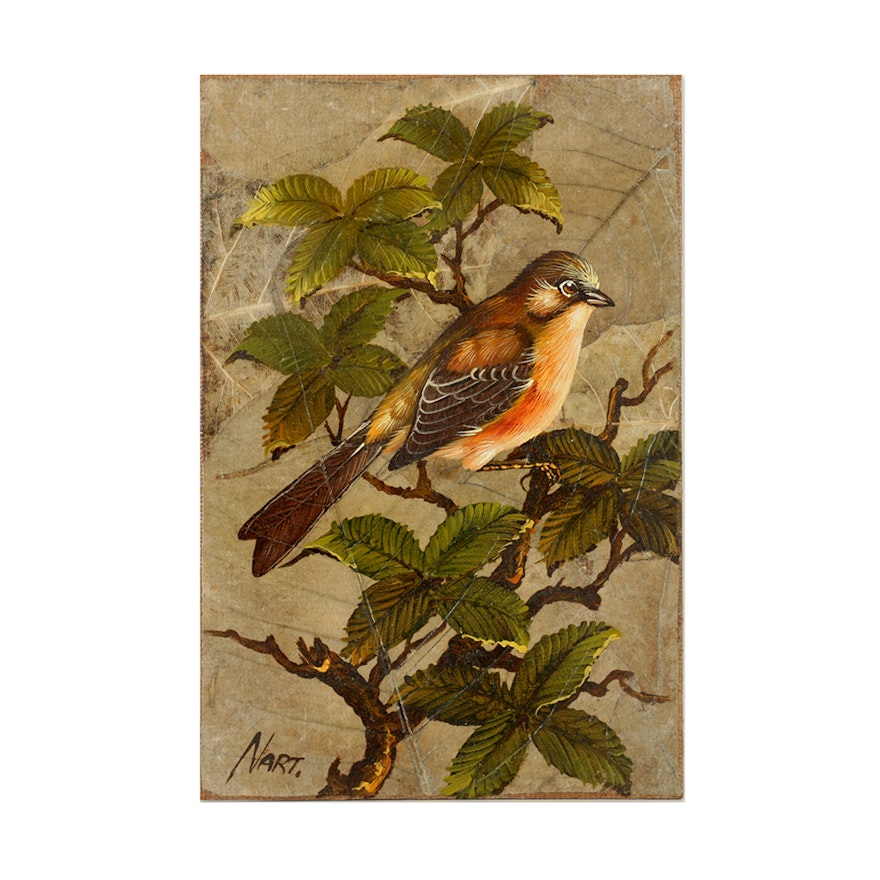 Oil Painting with Natural Embellishments on Board of a Bird