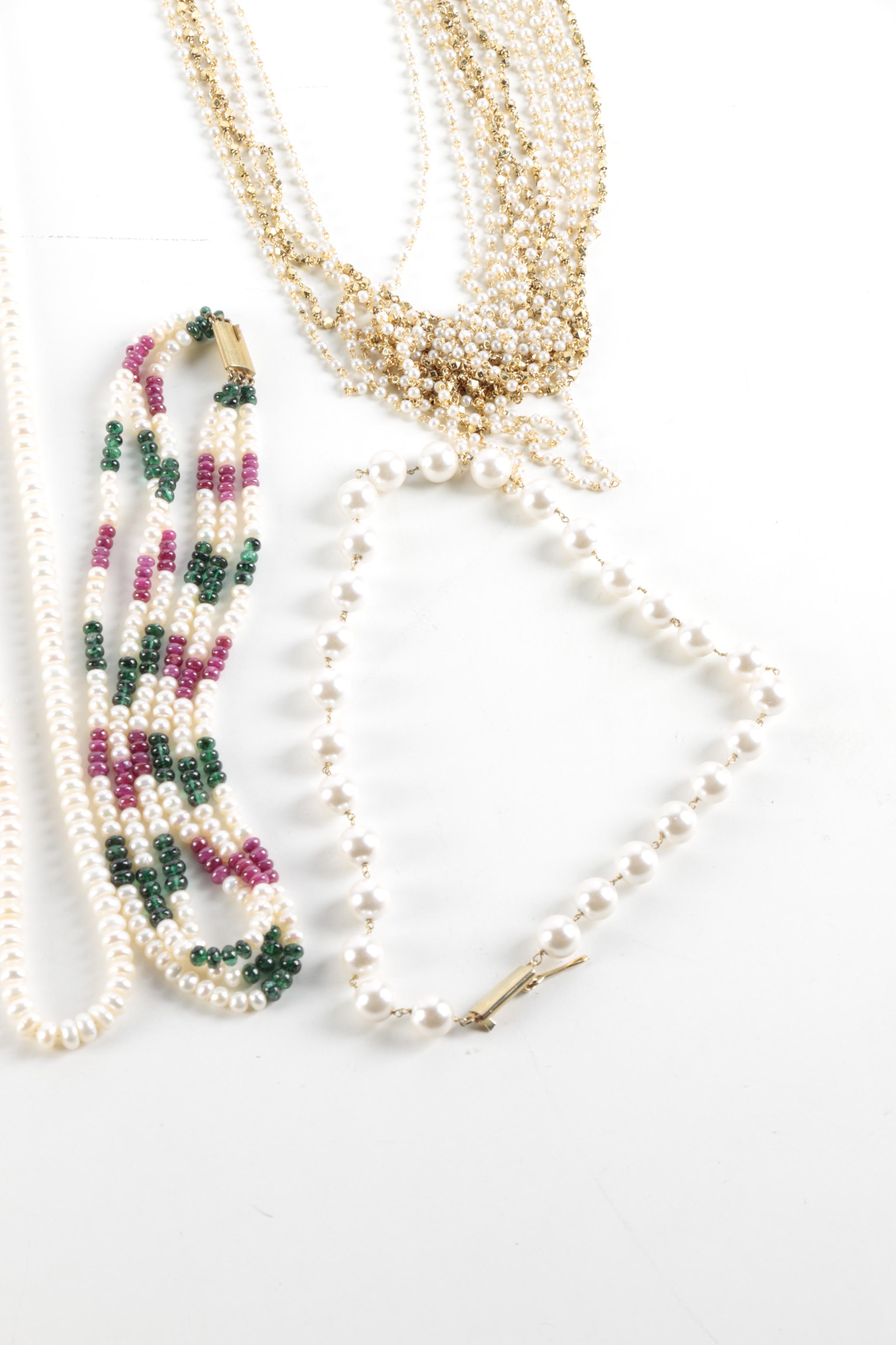 Faux and Cultured Pearl Necklaces and Earring Pair