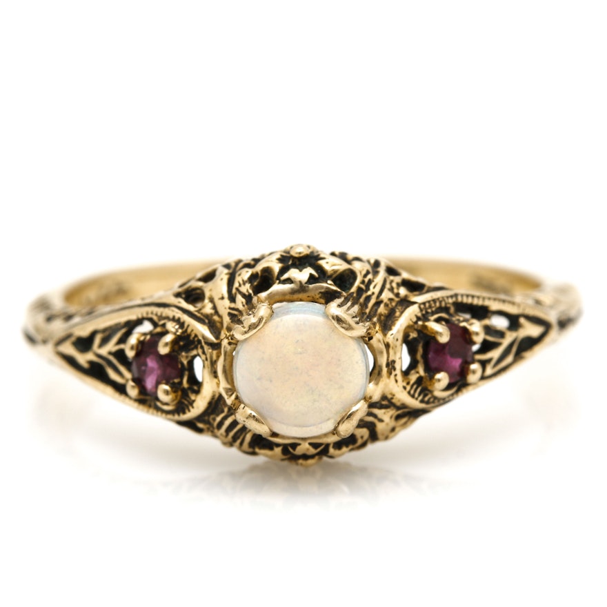 14K Yellow Gold Opal and Ruby Ring