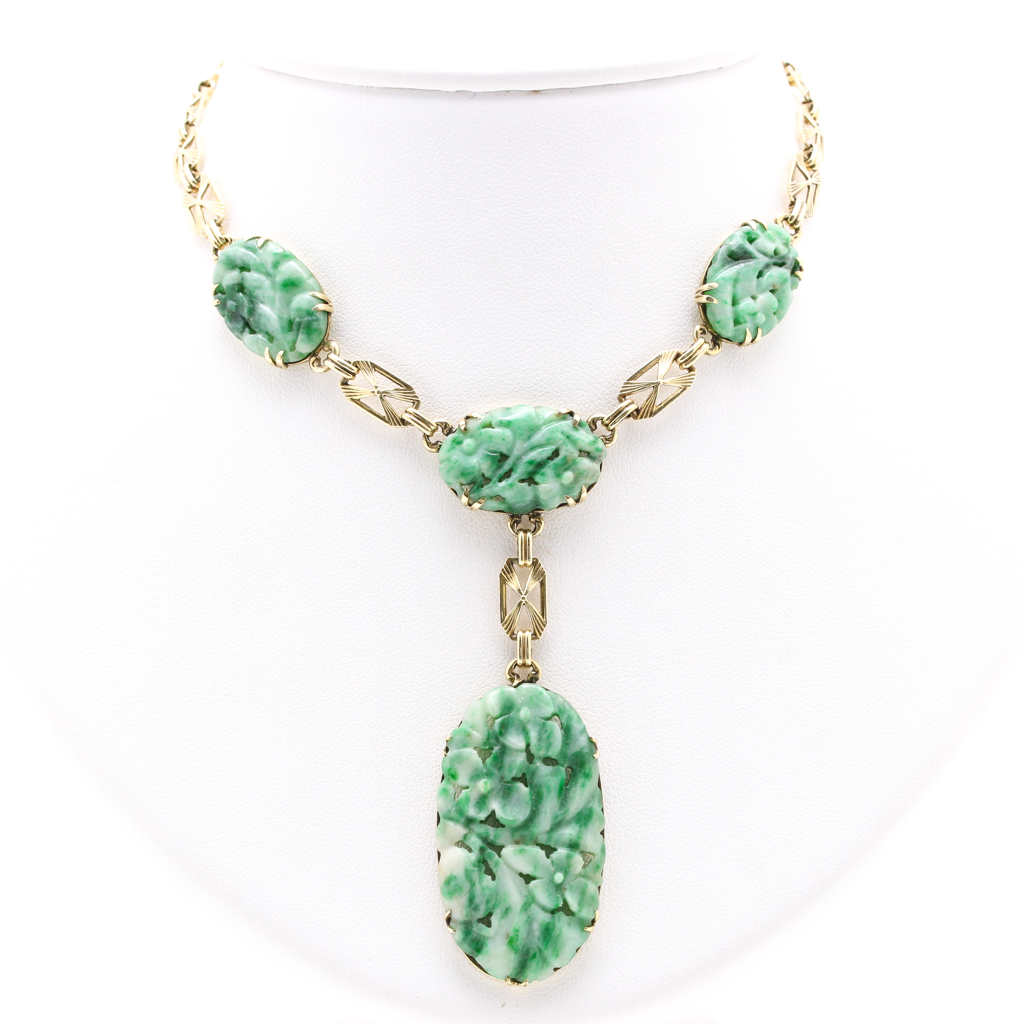 14K Yellow Gold Fancy Link Necklace with Carved Dyed Jadeite Pendant and Stones