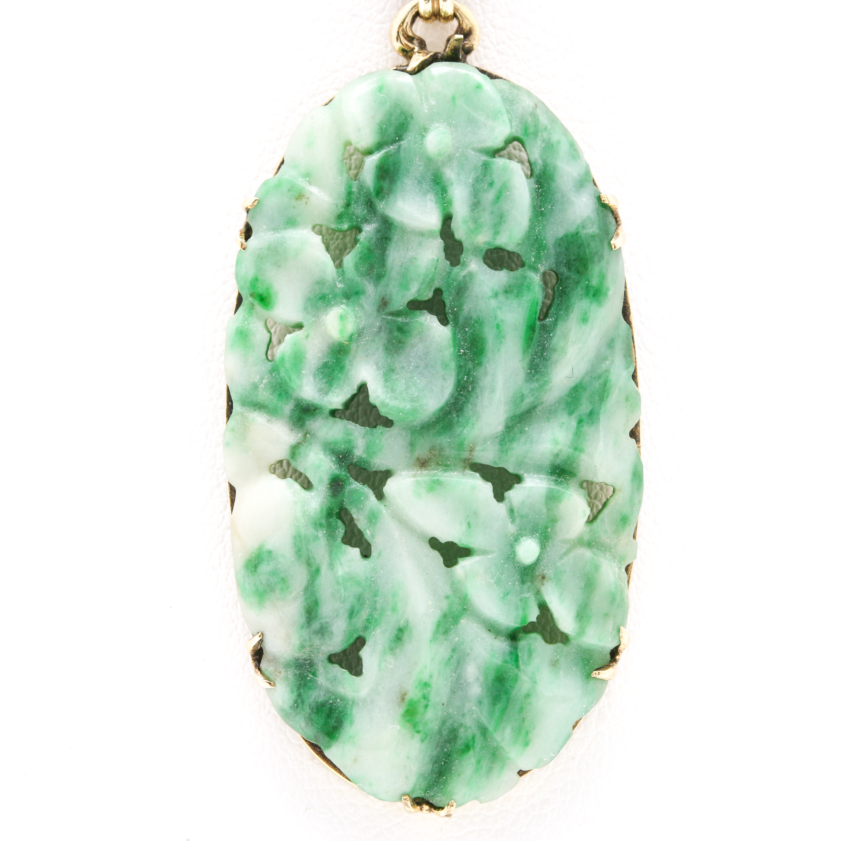 14K Yellow Gold Fancy Link Necklace with Carved Dyed Jadeite Pendant and Stones