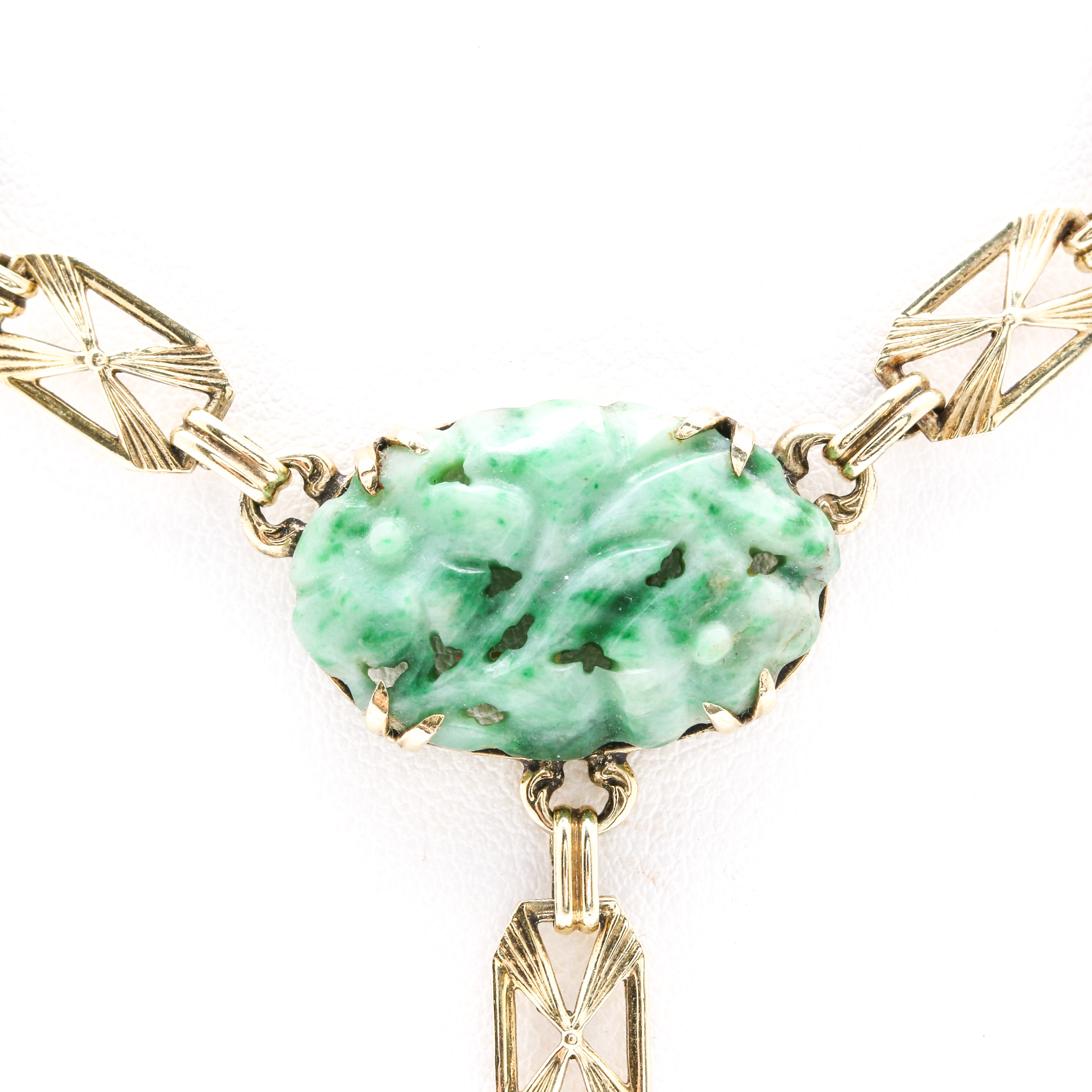 14K Yellow Gold Fancy Link Necklace with Carved Dyed Jadeite Pendant and Stones