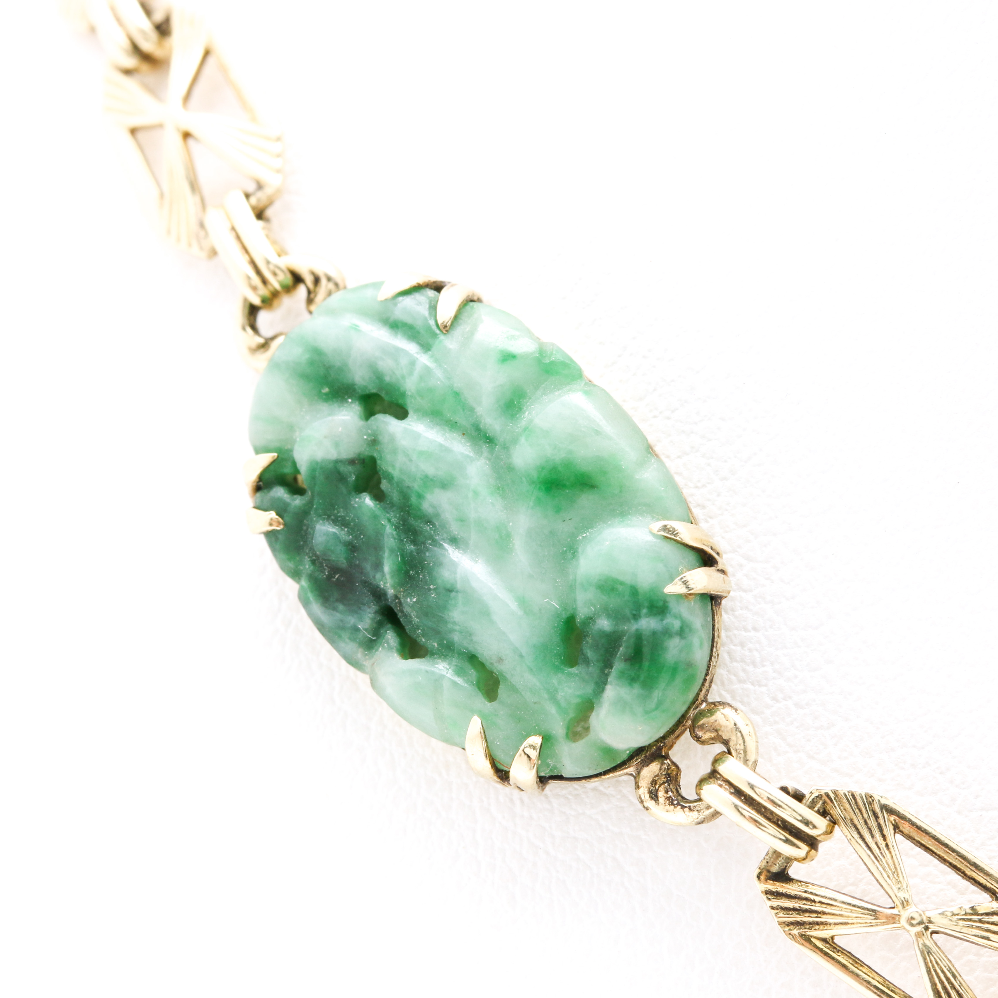 14K Yellow Gold Fancy Link Necklace with Carved Dyed Jadeite Pendant and Stones