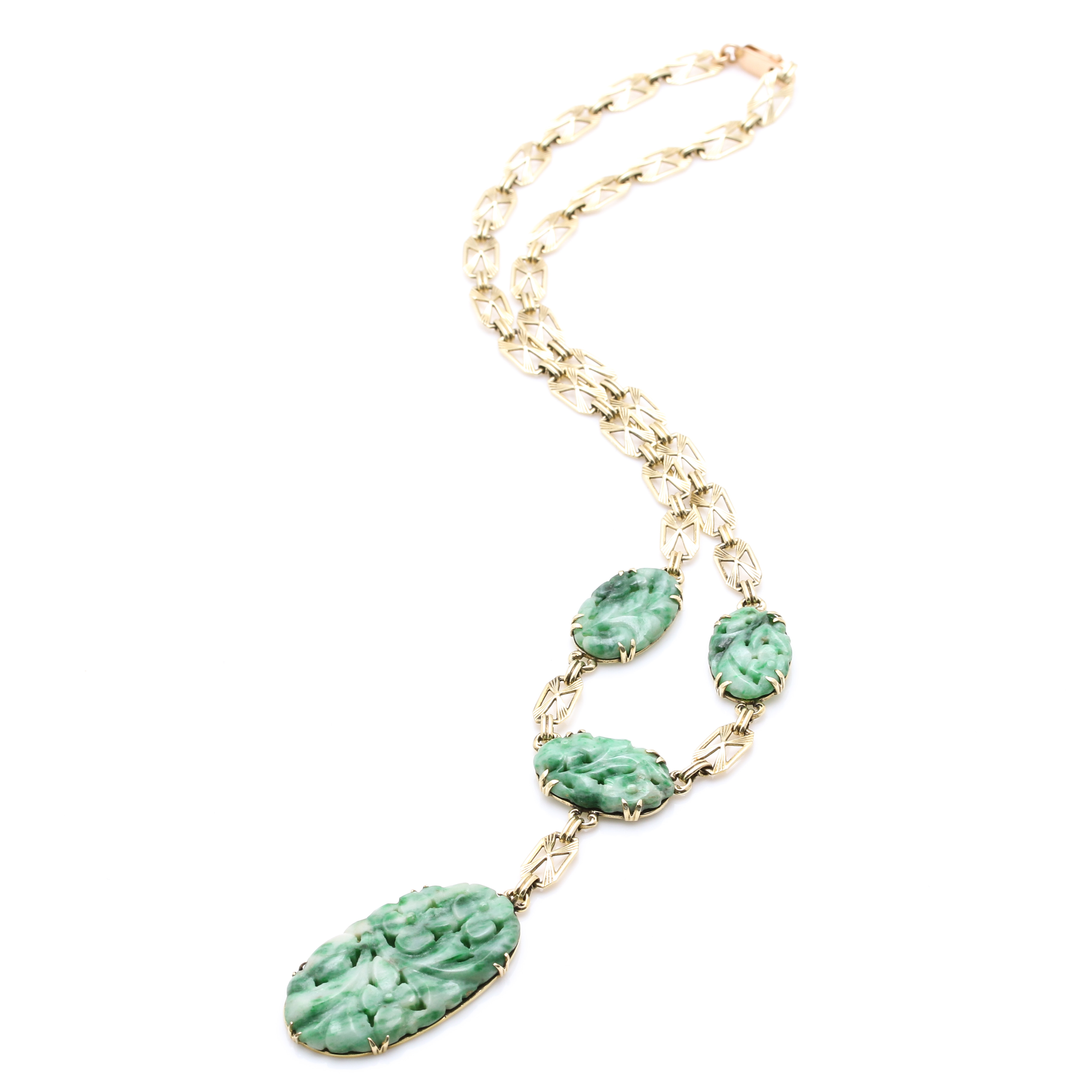 14K Yellow Gold Fancy Link Necklace with Carved Dyed Jadeite Pendant and Stones