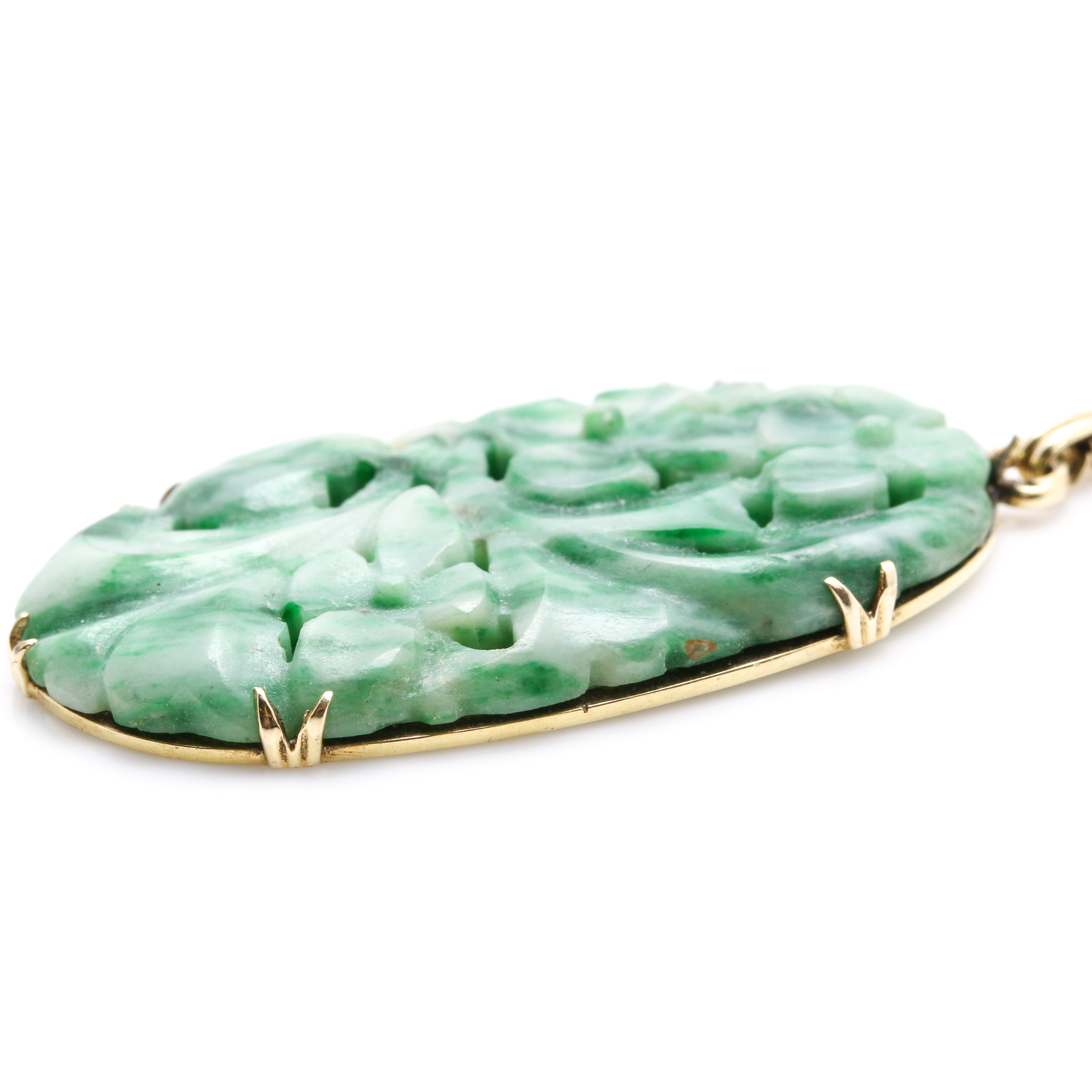 14K Yellow Gold Fancy Link Necklace with Carved Dyed Jadeite Pendant and Stones