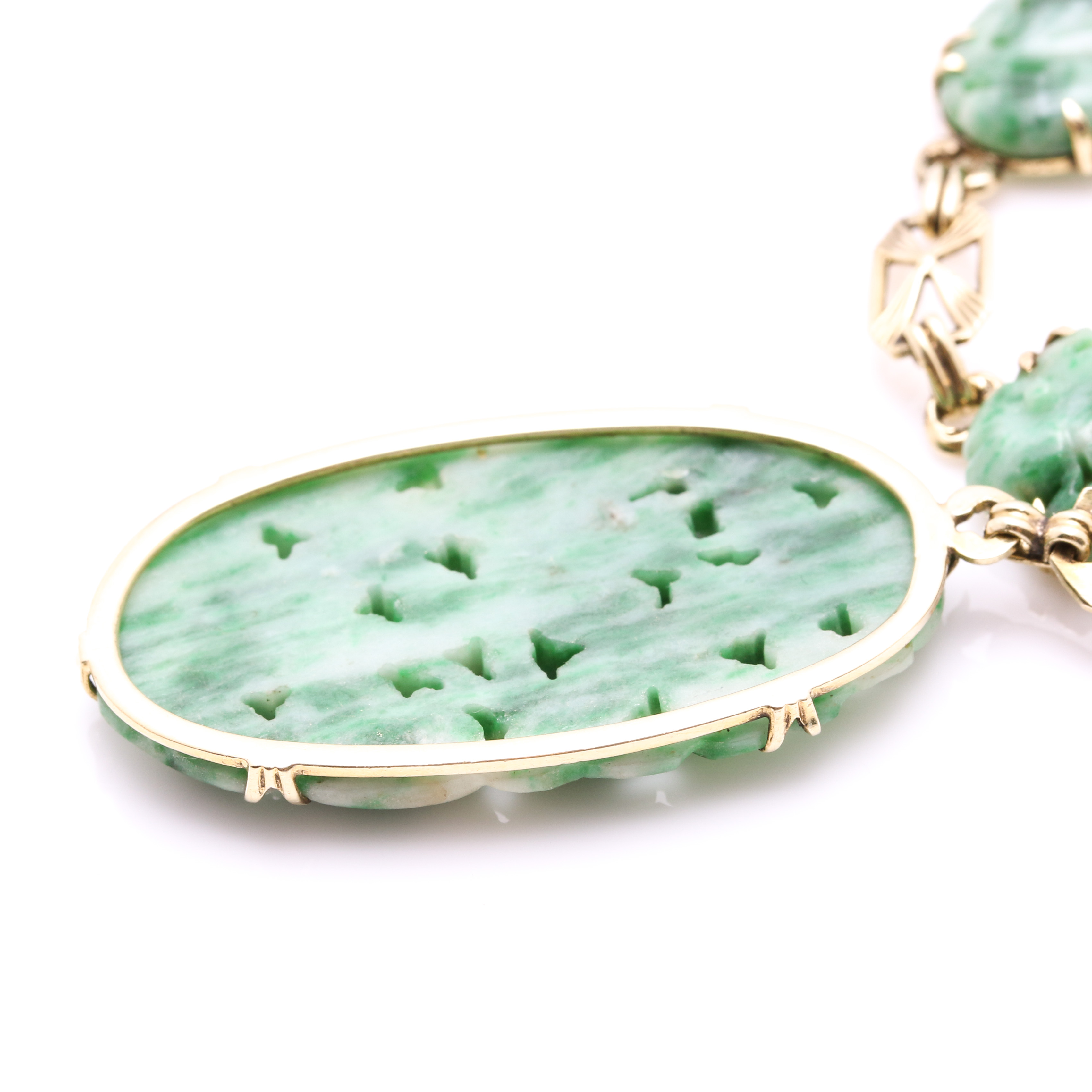 14K Yellow Gold Fancy Link Necklace with Carved Dyed Jadeite Pendant and Stones