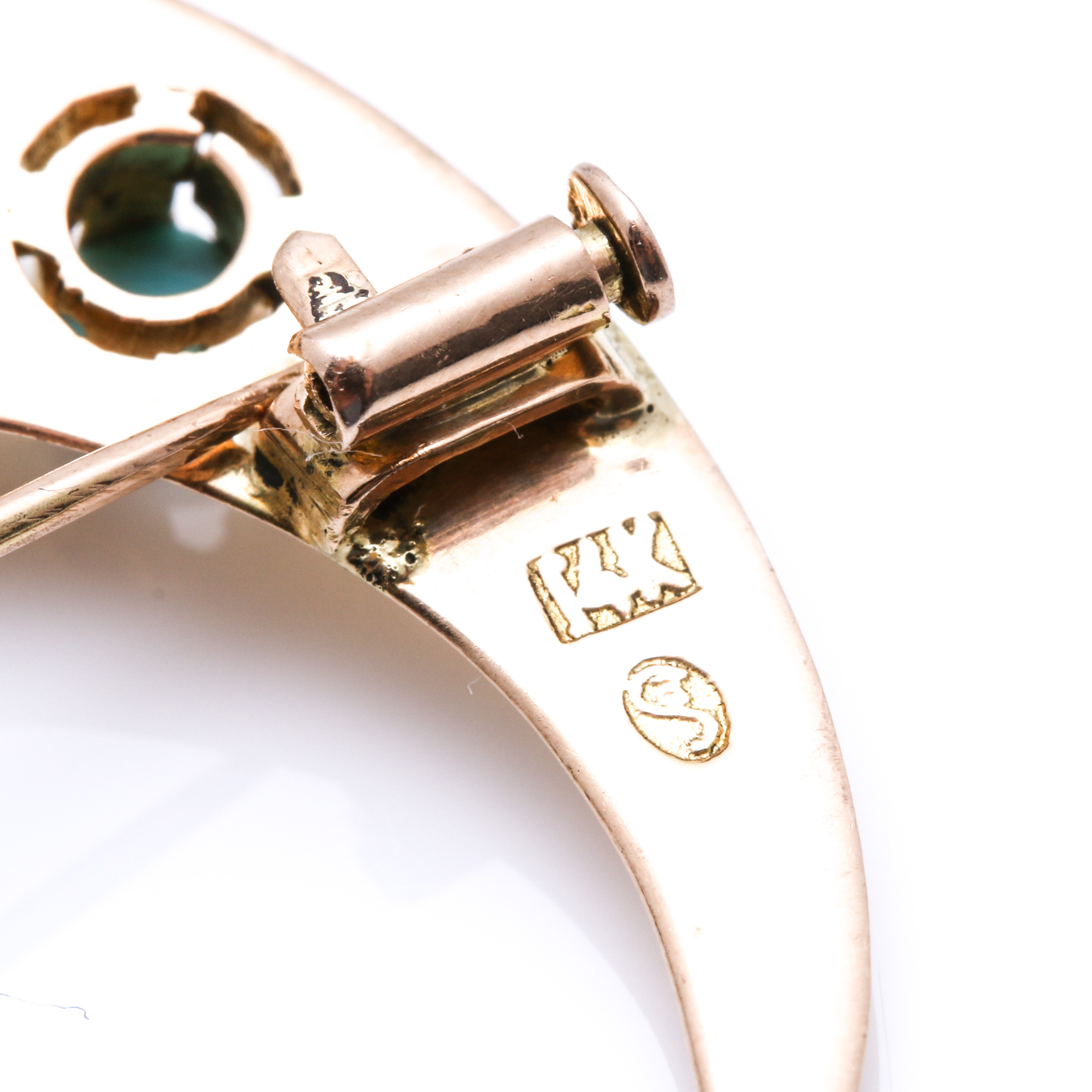 14K Yellow Gold Turquoise Crescent Brooch
