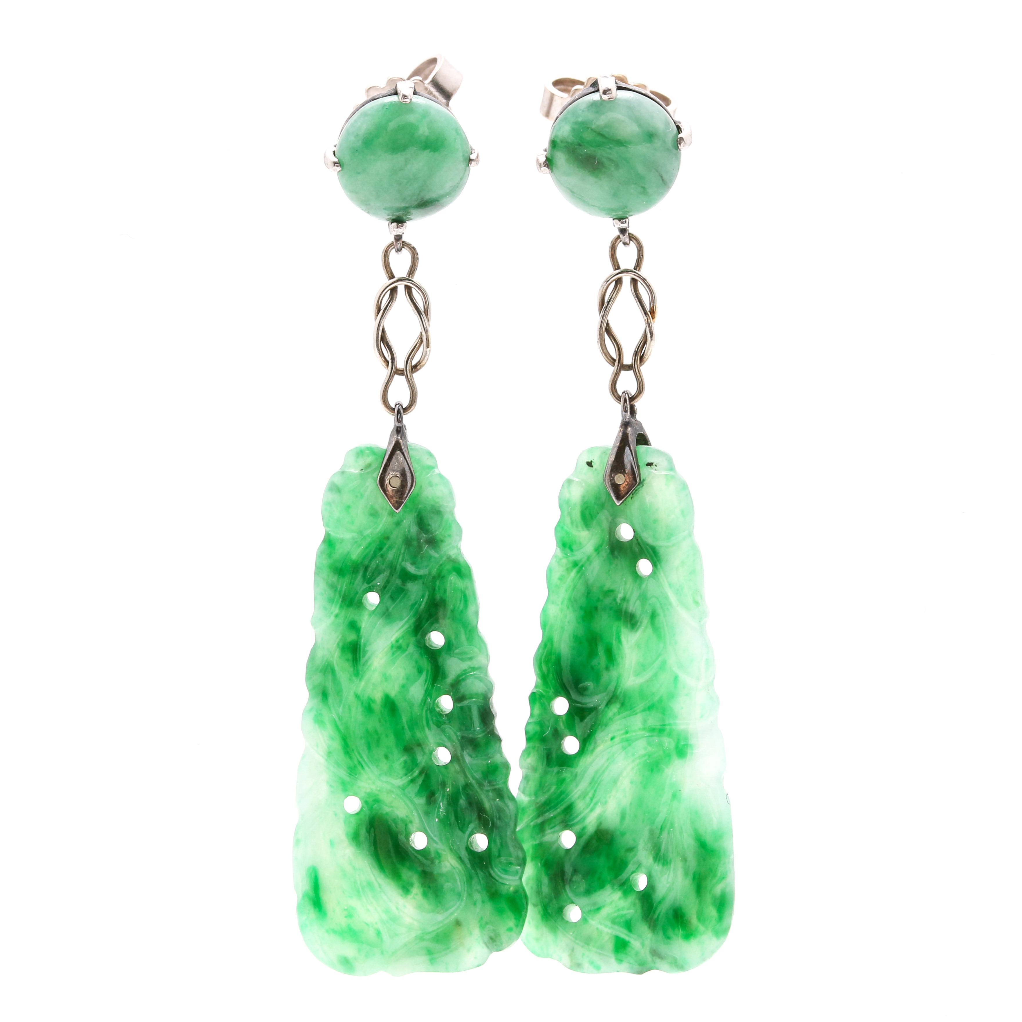 14K White Gold Carved Jadeite Drop Dangle Earrings