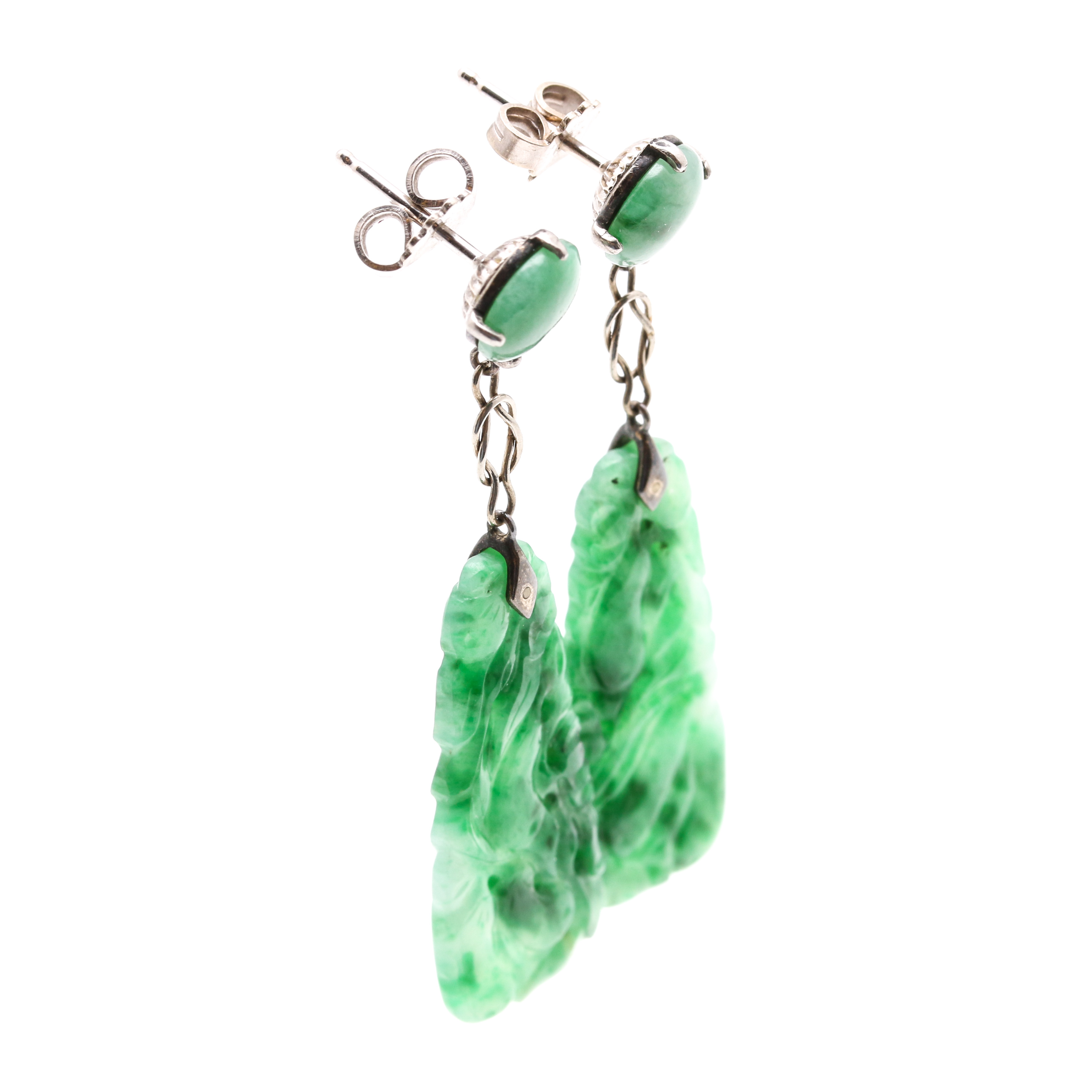 14K White Gold Carved Jadeite Drop Dangle Earrings