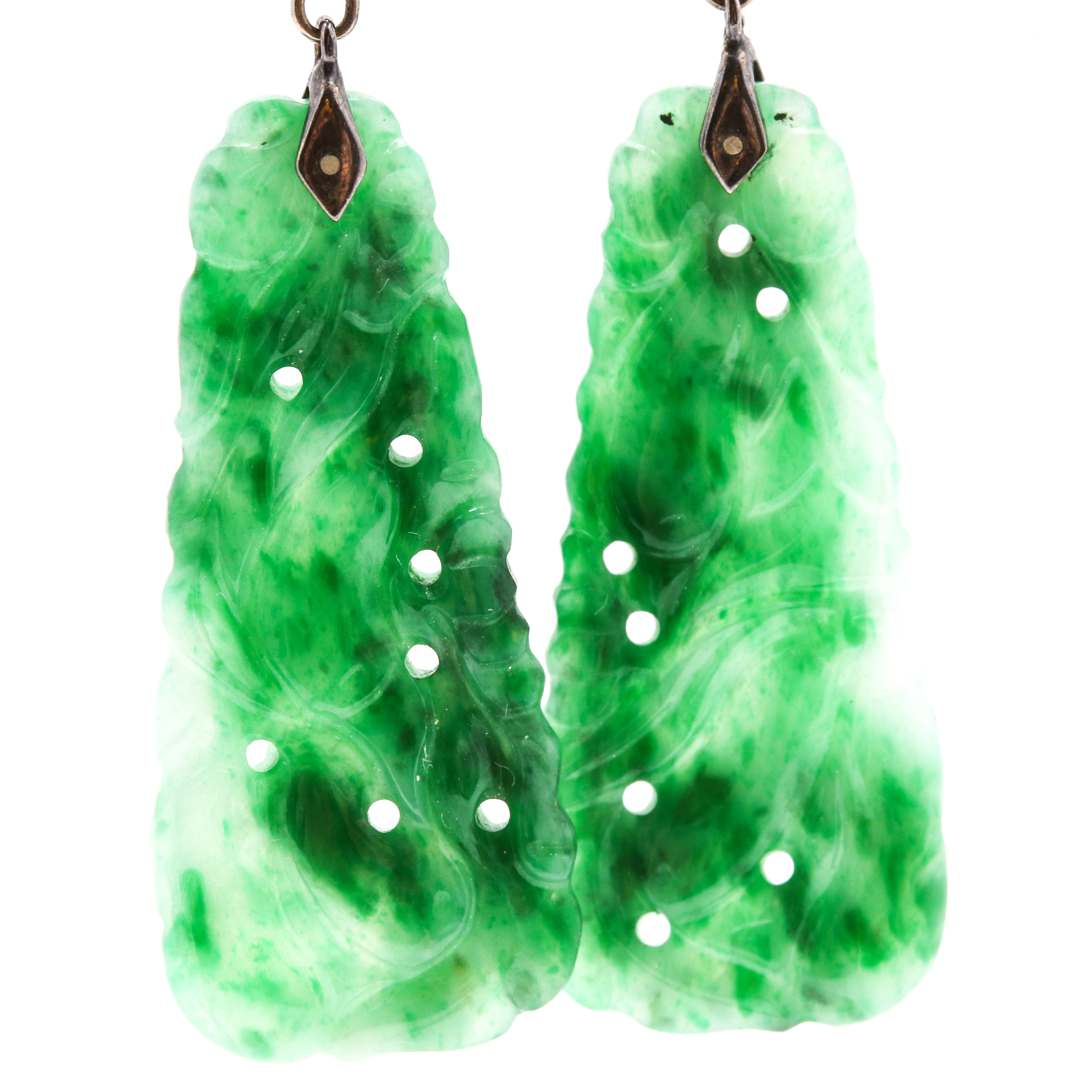 14K White Gold Carved Jadeite Drop Dangle Earrings