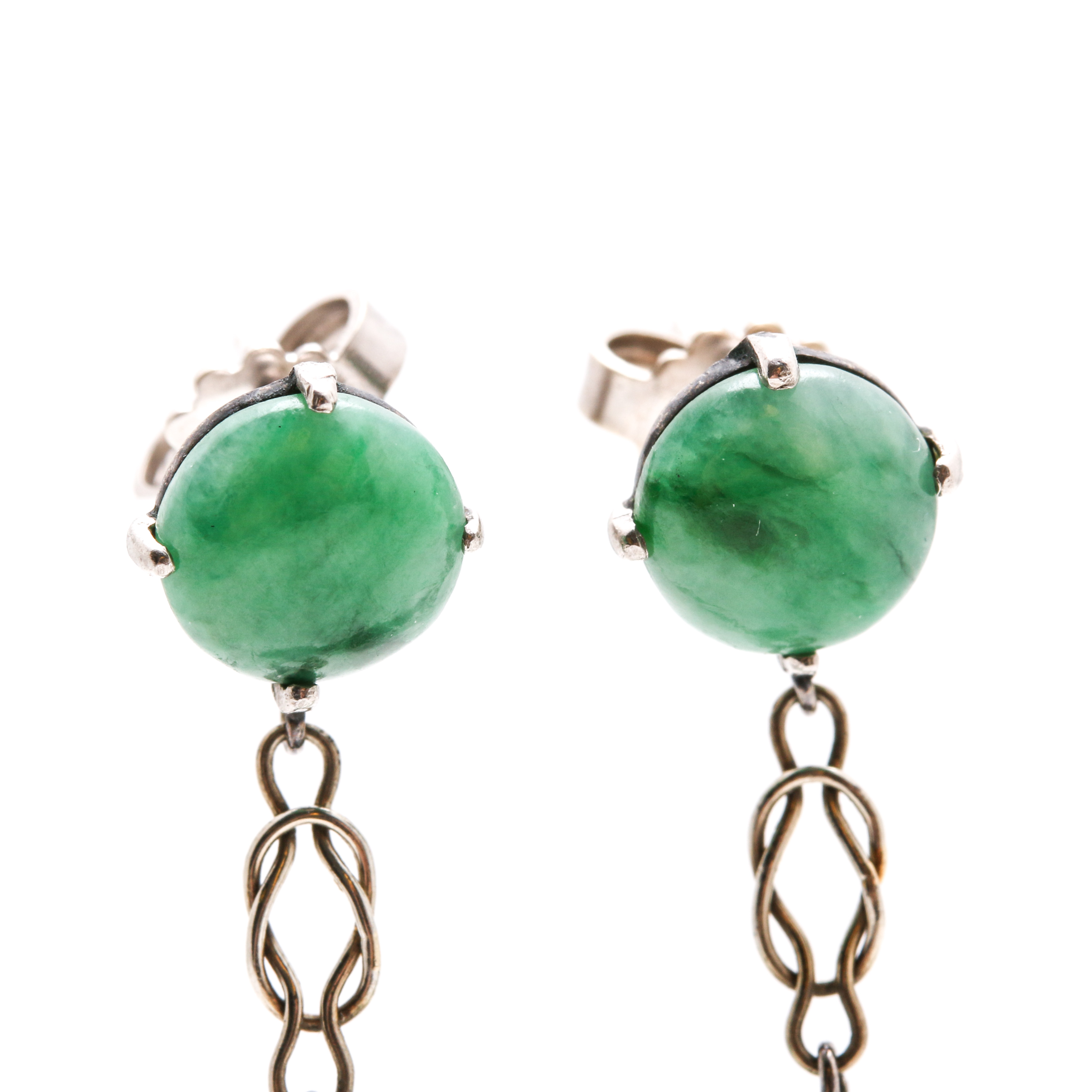 14K White Gold Carved Jadeite Drop Dangle Earrings