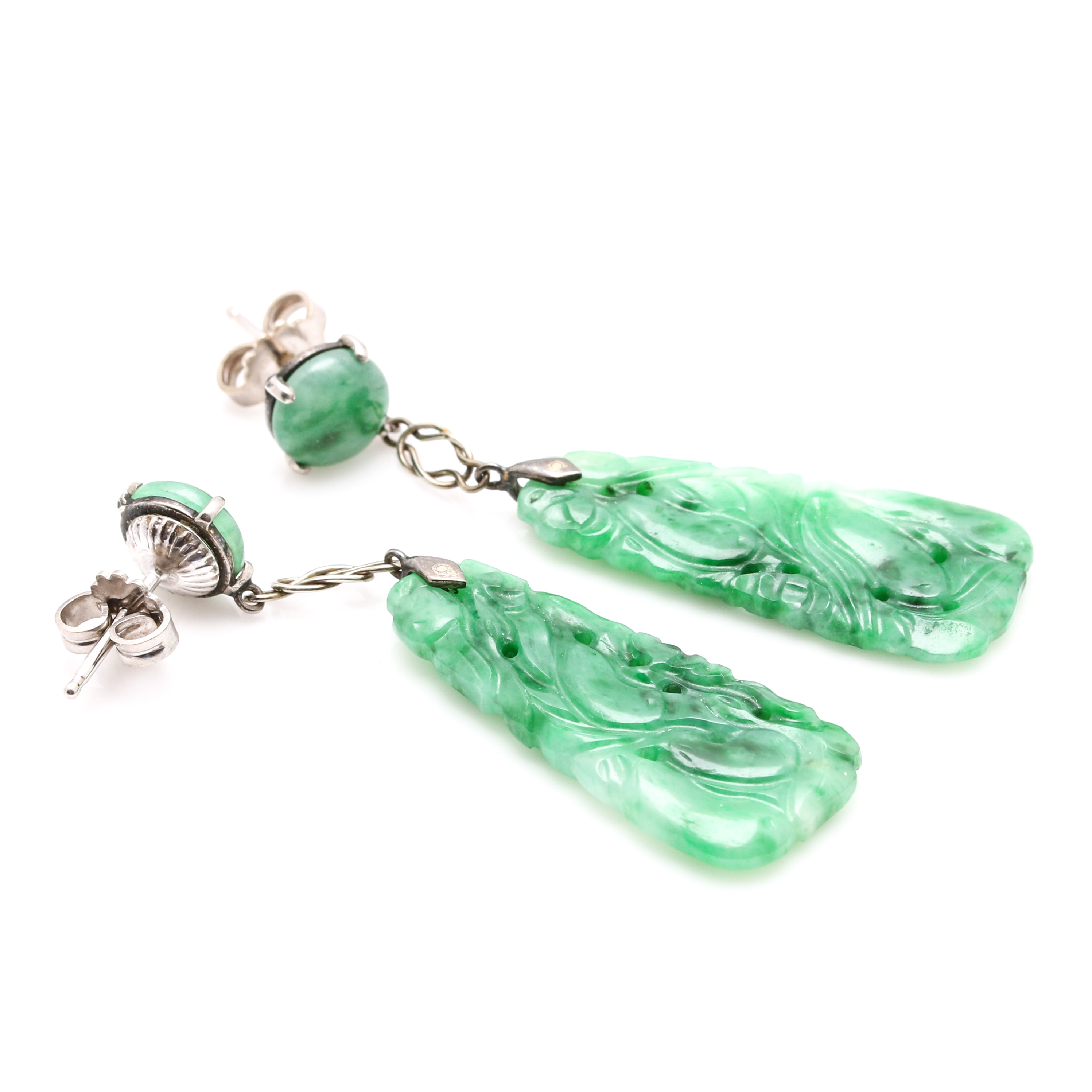 14K White Gold Carved Jadeite Drop Dangle Earrings