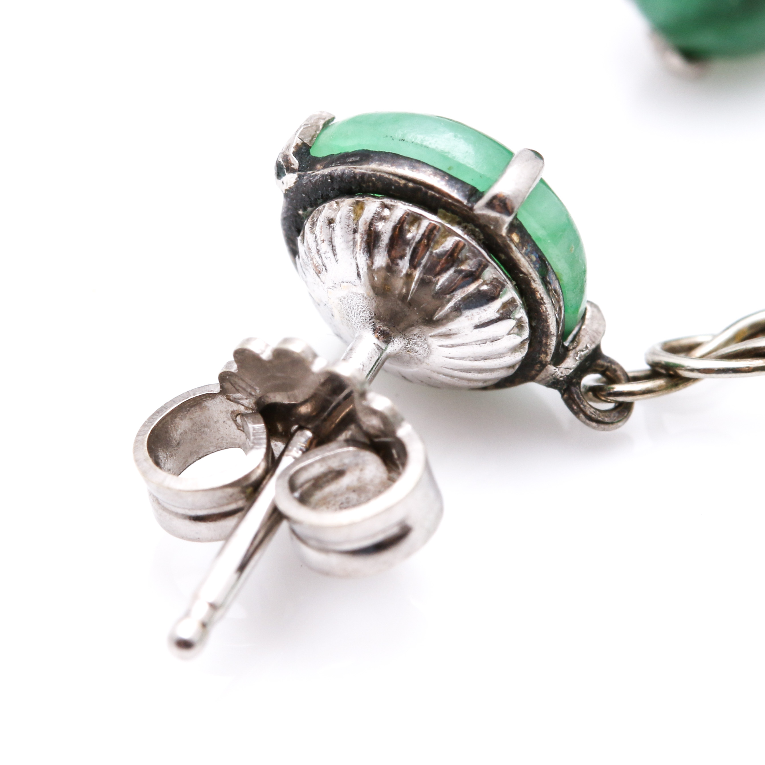 14K White Gold Carved Jadeite Drop Dangle Earrings