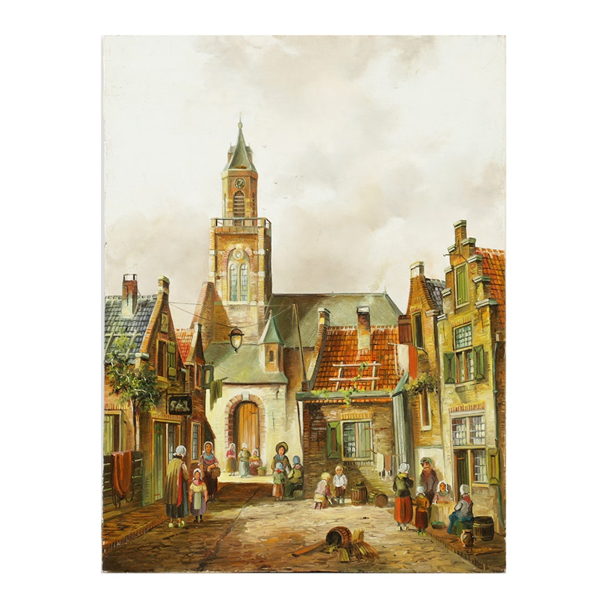 Johann Hendrick Haanstra Oil Painting on Board of Town Scene