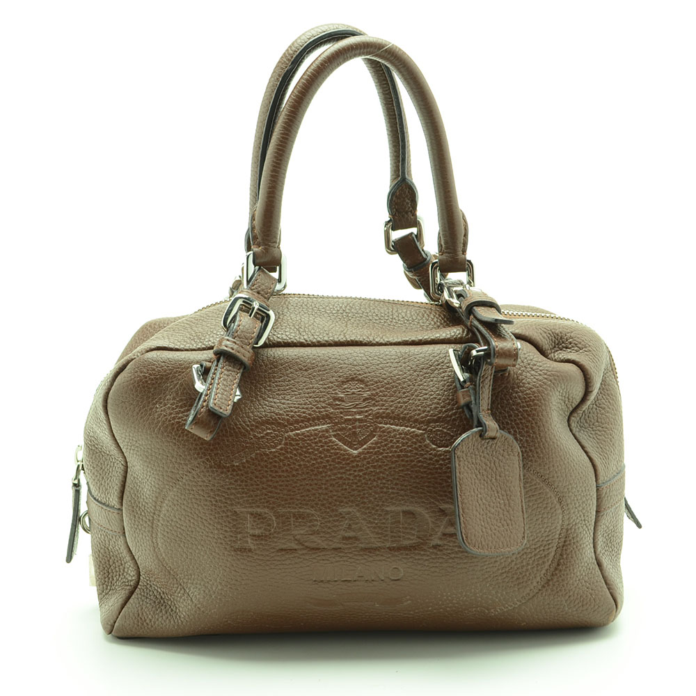 Prada Bruciato Leather Vitello Daino Tessuto Print Bauletto Bag