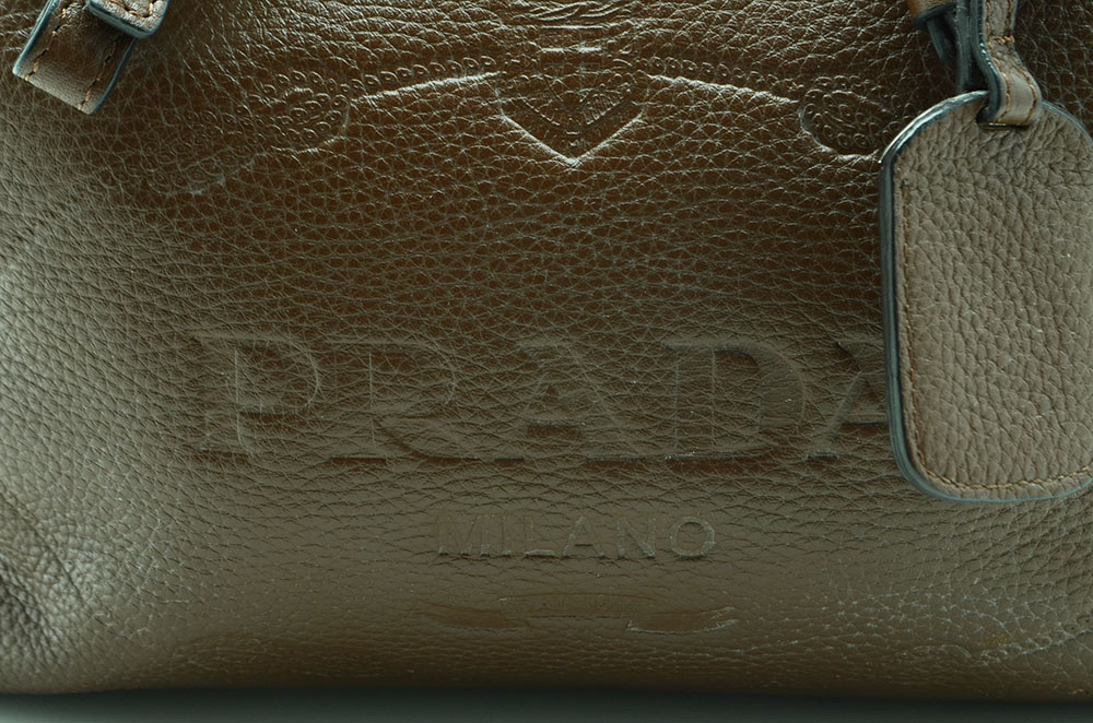 Prada Bruciato Leather Vitello Daino Tessuto Print Bauletto Bag