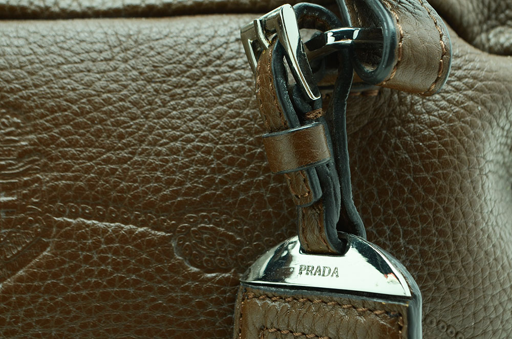 Prada Bruciato Leather Vitello Daino Tessuto Print Bauletto Bag
