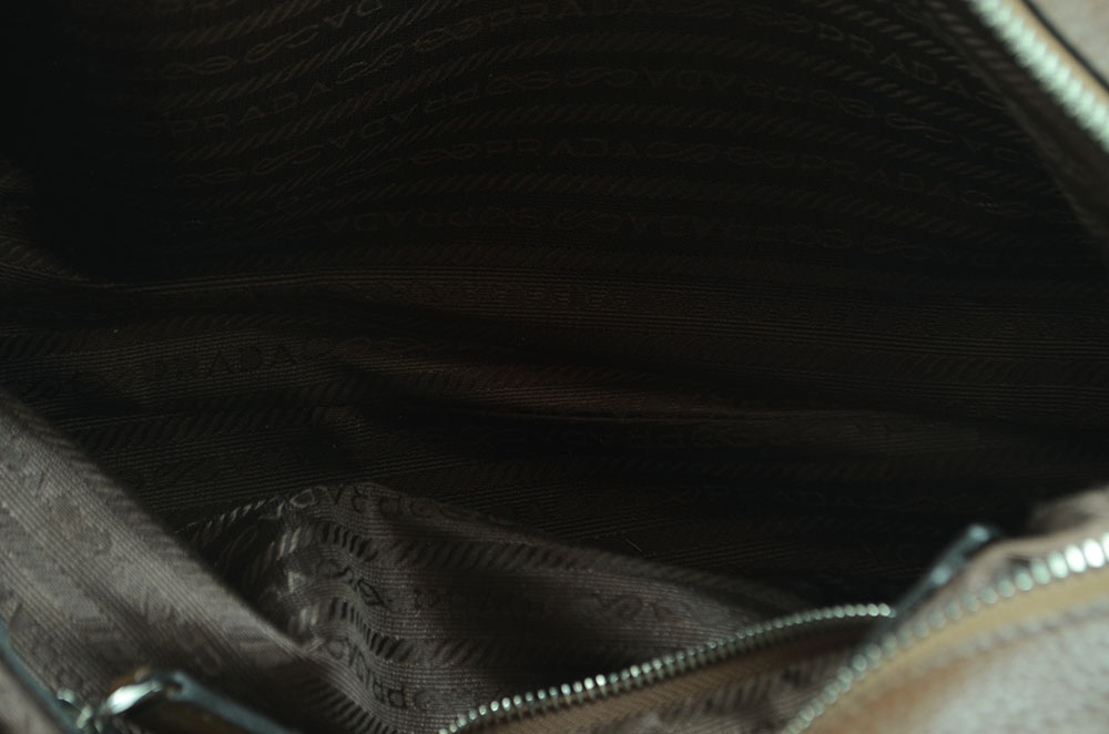 Prada Bruciato Leather Vitello Daino Tessuto Print Bauletto Bag