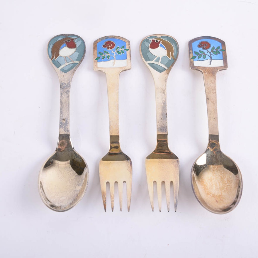 Two Vintage A. Michelsen Sterling and Enamel Fork and Spoon Sets